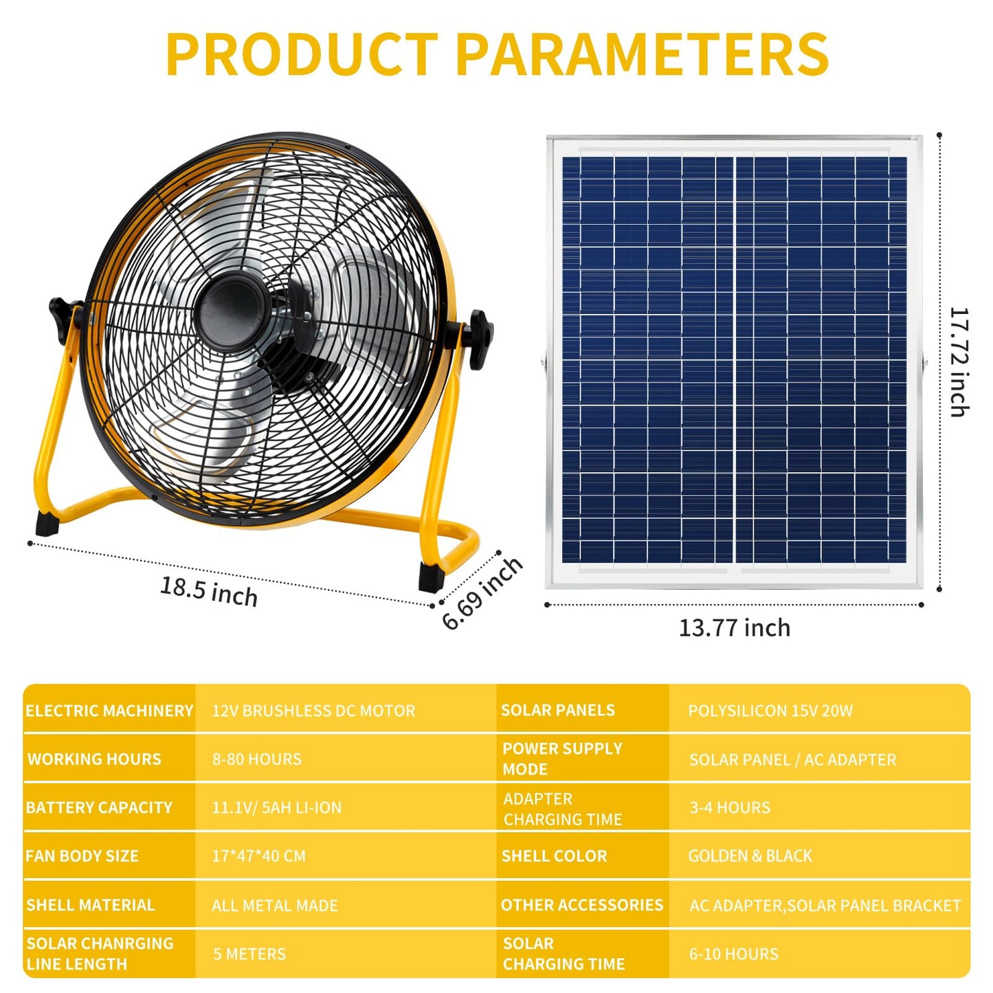 CYBERDAX Solar Powered Rechargeable Fan 16", Whisper Quiet 15dB, 50Hr Runtime for Home Office Camping