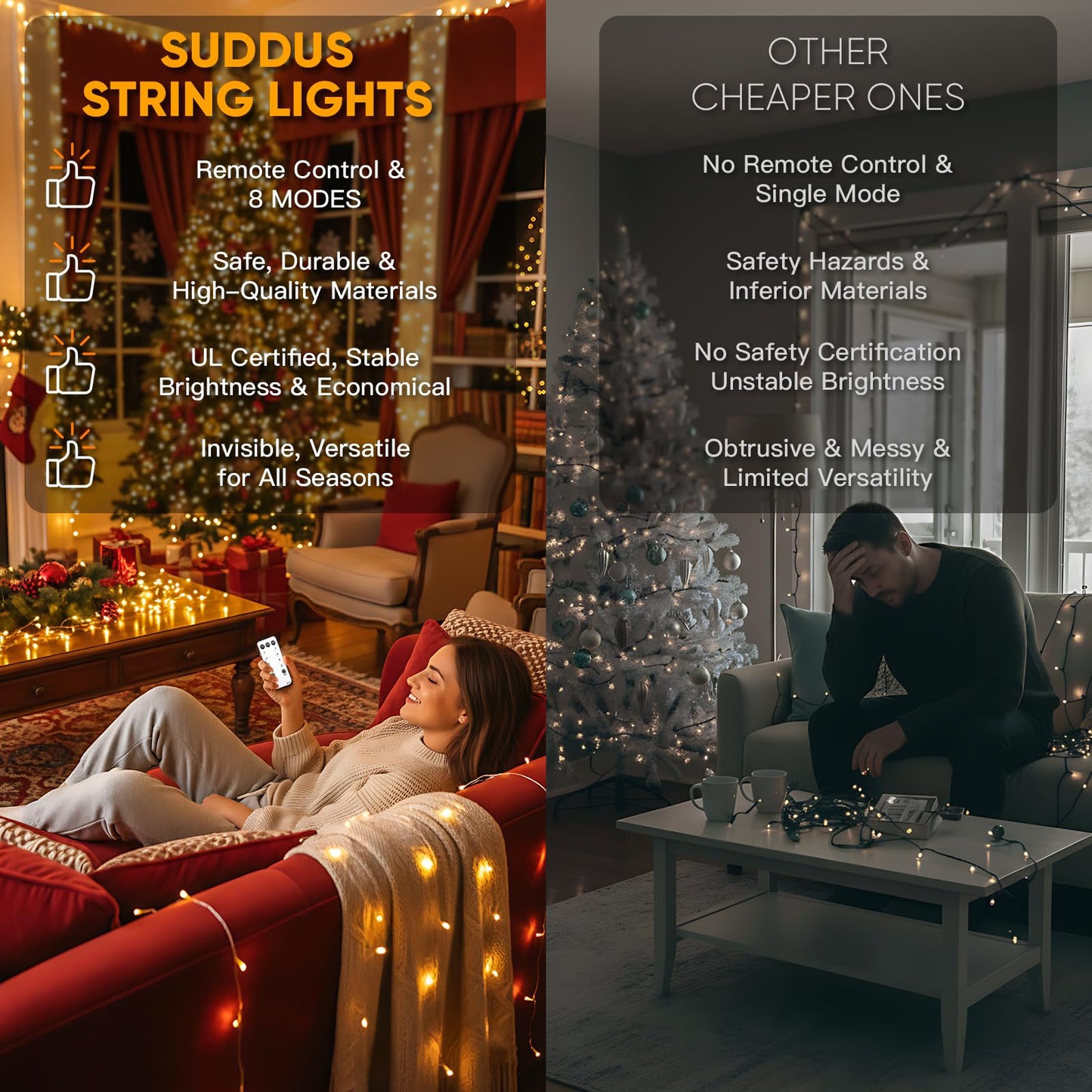 suddus Indoor String Lights with Remote, Warm White Christmas Lights Plug in with Timer, 33ft 100 LED Twinkle Fairy Lights for Bedroom Dorm Xmas Tree