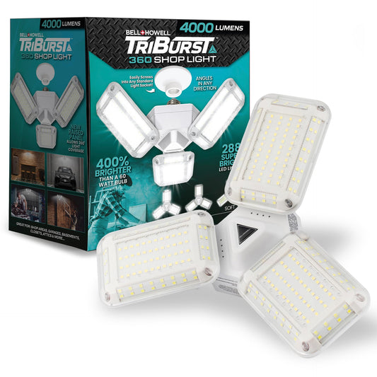 TRIBURST SHOPLIGHT PRO 360 LED Garage Lights - LED Light Bulb - Aluminum - 4000 Lumens & 40 Watts, 3 Brightness Mode, Adjustable Triple Panel