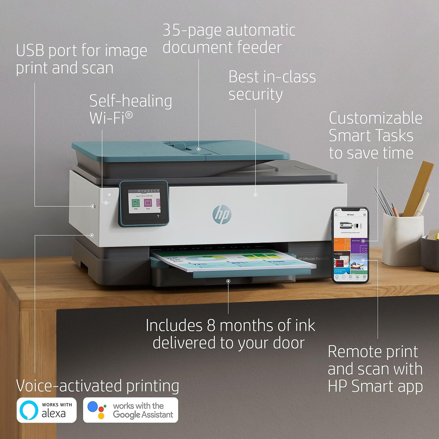 HP OfficeJet Pro 8035 All-in-One Wireless Printer - Includes 8 Months of Ink, Instant Ink, Works with Alexa - Oasis (3UC66A)