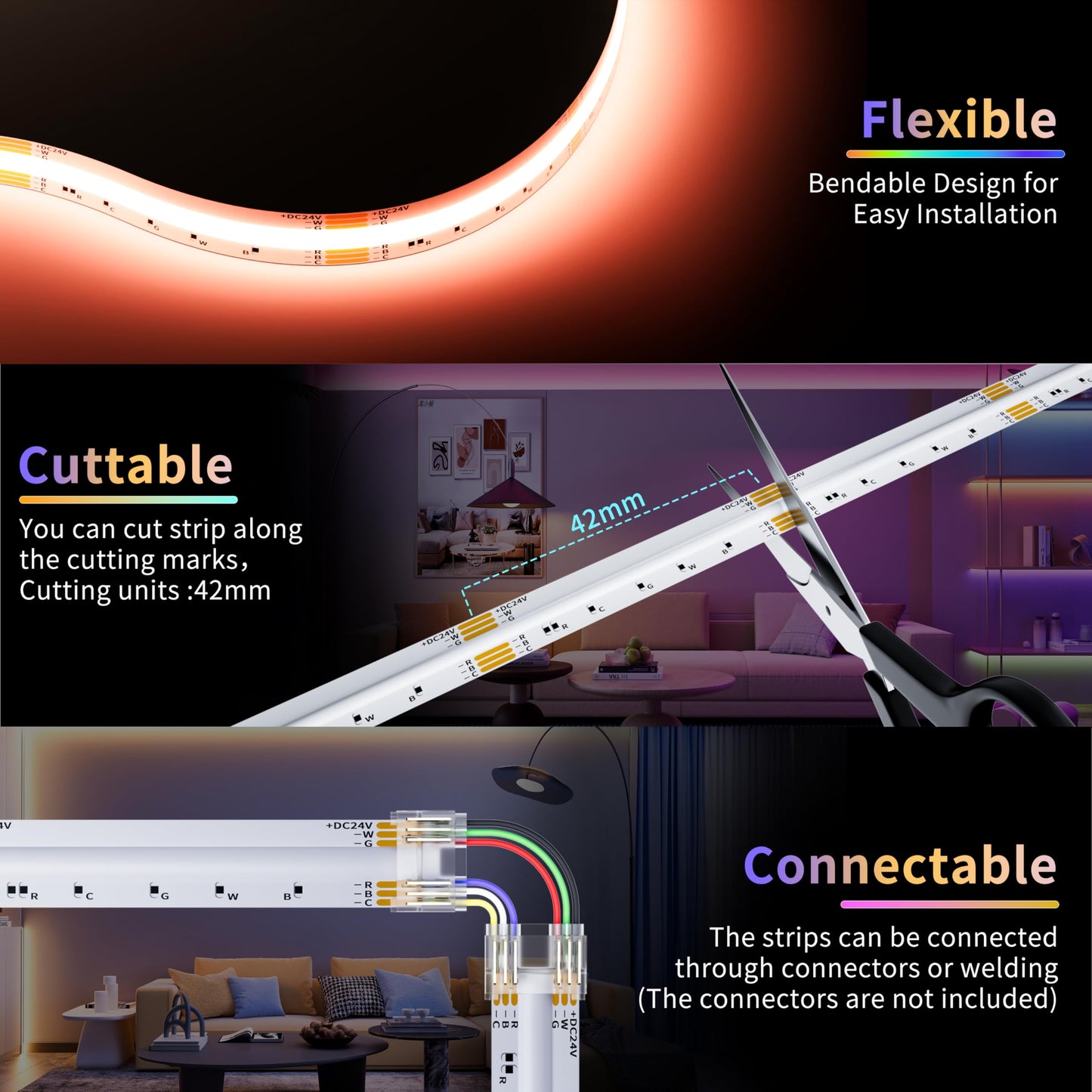 PAUTIX COB LED Strip Lights,20ft RGB+CCT 2700K-6500K White LED Lights,Dimmable Color Changing RGB LED Strip Light,with Remote/APP Control,for Kitchen