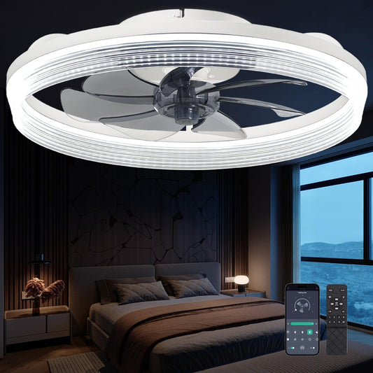 Ceiling Fans with Lights and Remote Fandelier - 20'' White Flush Mount Low Profile Modern Ceiling Fans for Bedroom - Stepless Color Temperature and 6