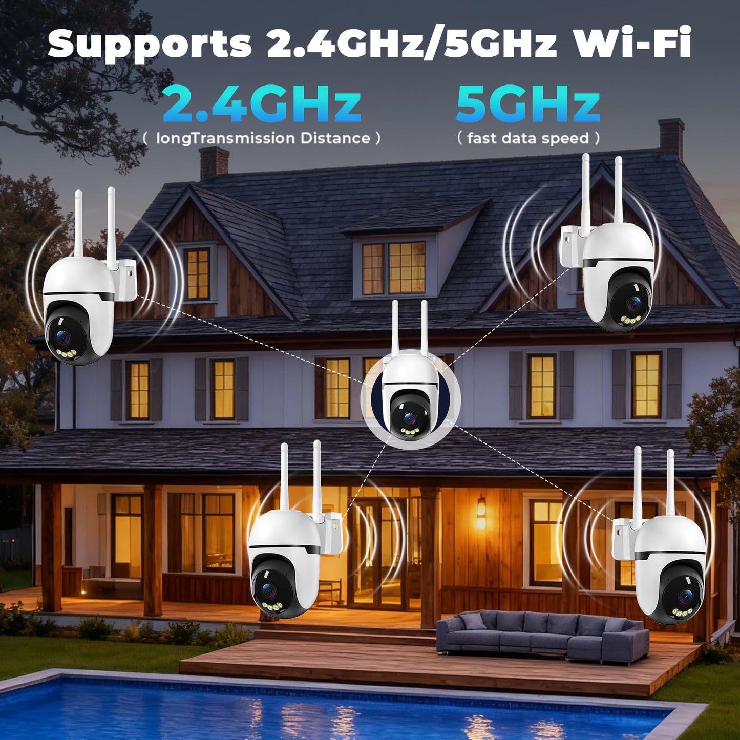 JUFLSKY Security Camera Outdoor Wired,2K Security Cameras Outdoor,2.4G & 5GHz WiFi Surveillance Camera Home/Dome,IP66 Waterproof,360° PTZ Auto