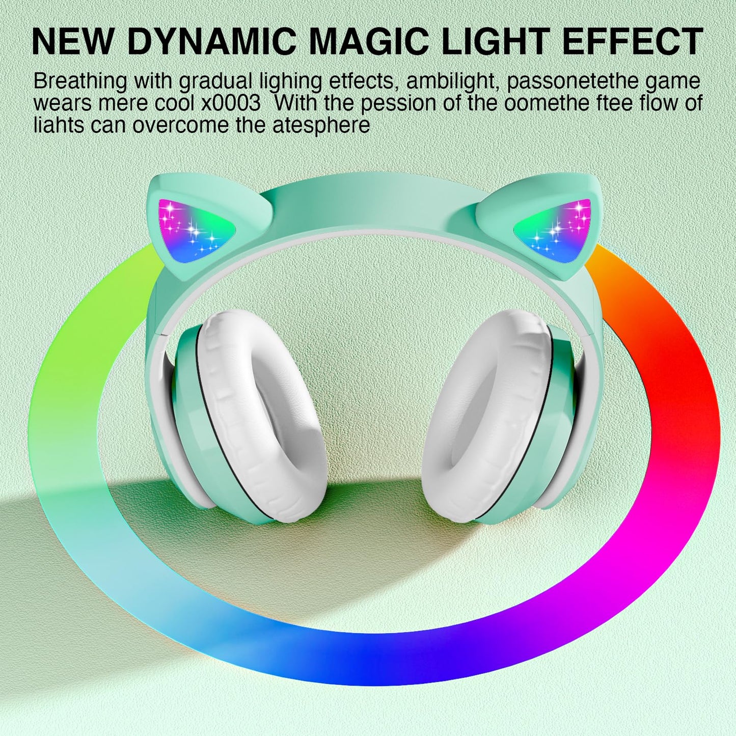 KERHAND Cat Ear Bluetooth Kids Headphones, LED Lights, Foldable, Green
