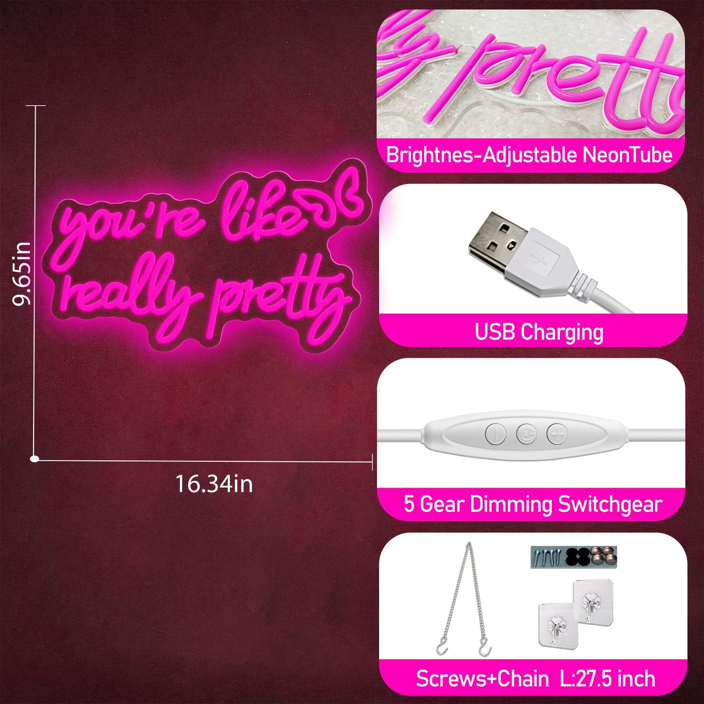 You Are Like Really Pretty Neon Sign, Pink Dimmable LED Light Up Neon Sign for Girls Bedroom Club Wedding Bachelorette Party Wall Decor Birthday