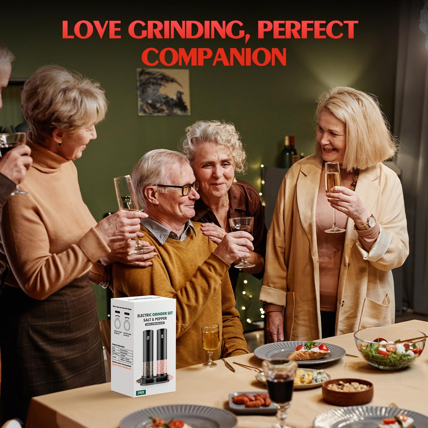 Electric Salt & Pepper Grinder Set, Automatic Battery Operated Mills with Adjustable Coarseness, LED Light & Large Capacity, 2-Pack, Black