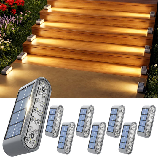 Solar Step Lights Outdoor Waterproof, 8 Pack Solar Stair Lights Outdoor IP67, 14 LED Warm 3000K Outdoor Step Lights, Solar Powered Lighting for Steps