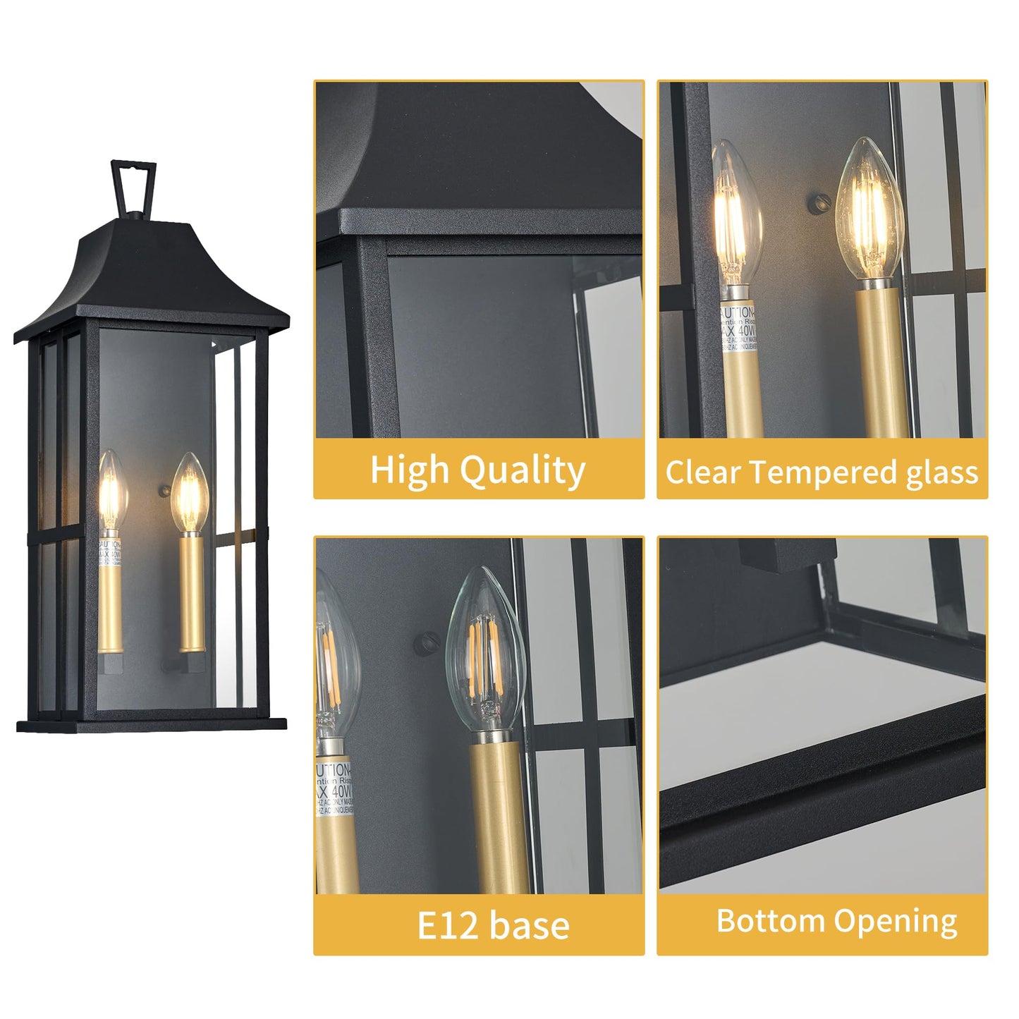 Outdoor Wall Sconce, 20.3" 2-Light in Black with Gold Rectangular Metal Frame and Clear Glass Shade Waterproof Porch Light Patio Light,Bulbs Not
