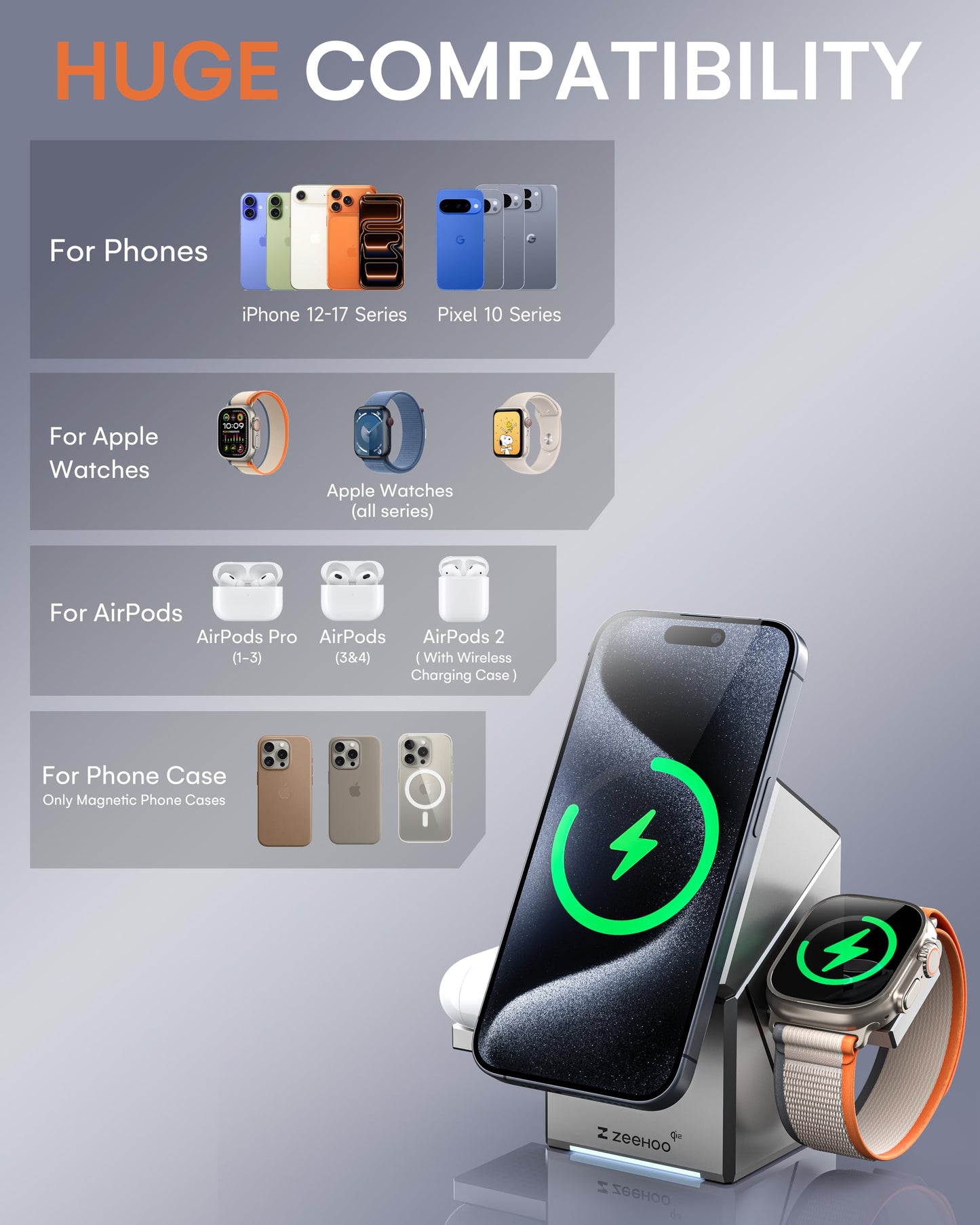 ZEEHOO 3 in 1 Charging Station for Apple, Mag-Safe for iPhone Charger, Qi2 Certified Rotating Wireless Charger Stand for iPhone 17,16,15,14,13,12
