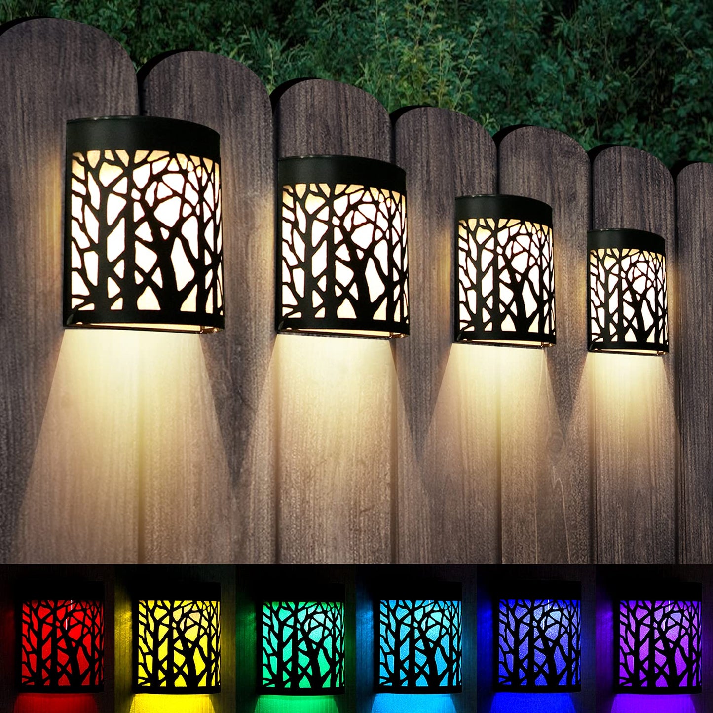 DenicMic Solar Wall Lights Outdoor Wall Sconce Fence Lighting for Patio Front Door Yard Deck Stair Led Forest Decorative Lamps, Waterproof, Warm White
