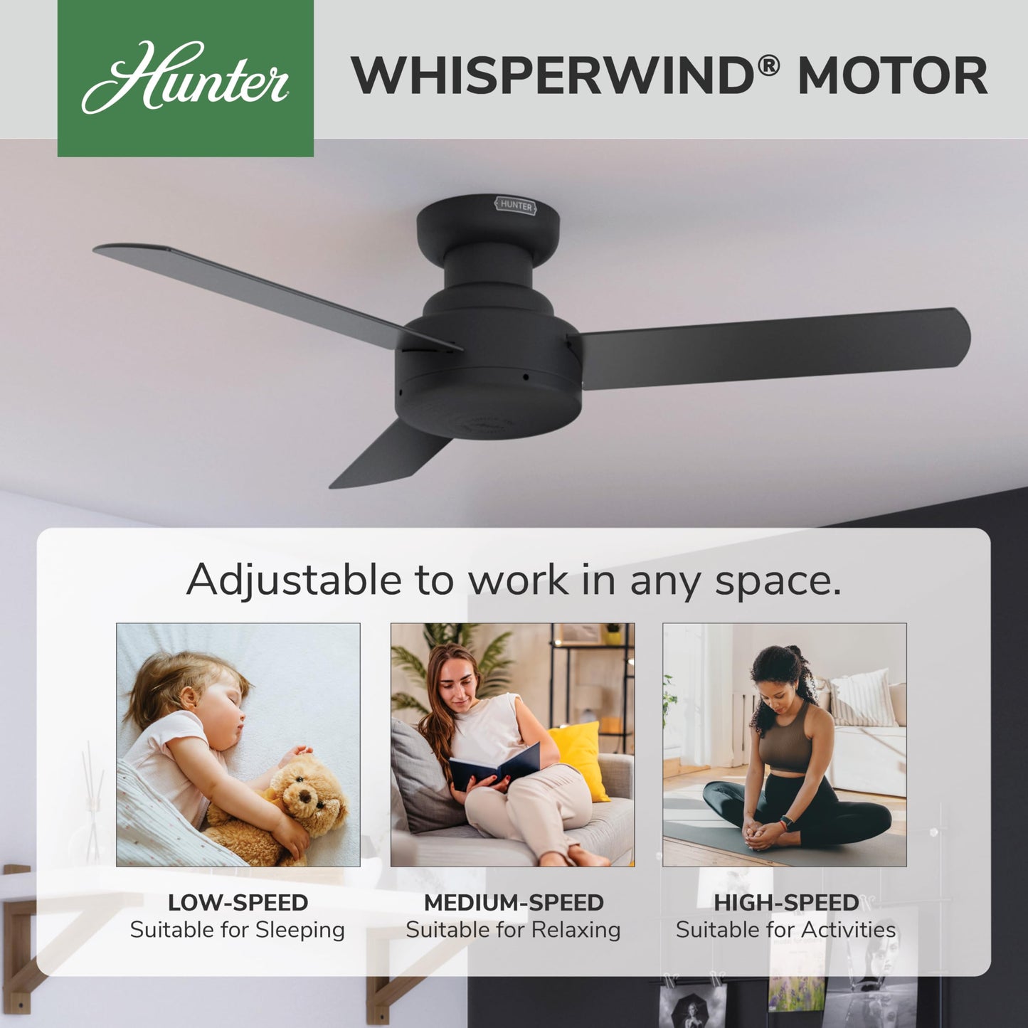 Hunter Presto, Indoor, Ceiling Fan, No Light, Modern, 44 inch, Matte Black