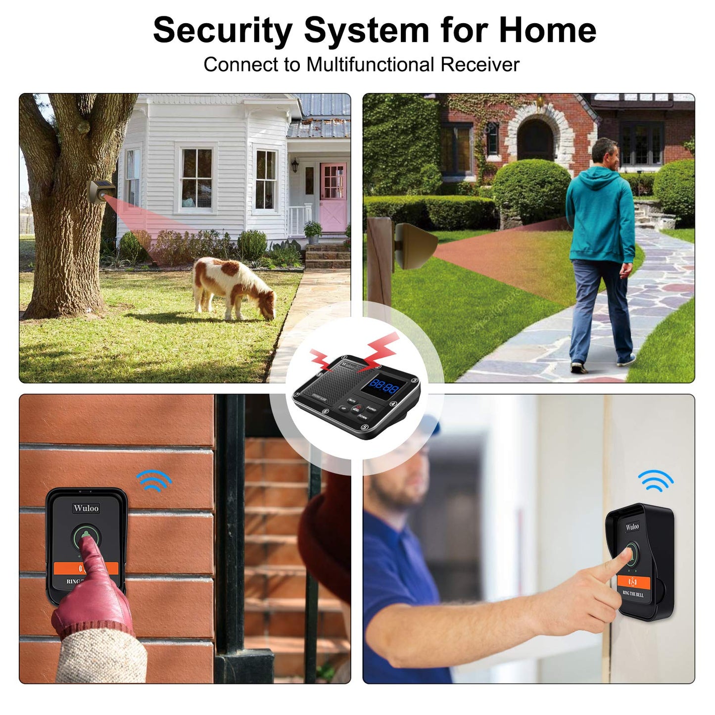 Wuloo Wireless Doorbells for Home, Solar Driveway Alarm, Multifunctional Wireless Home Security System, Rechargeable Battery/Weatherproof/Mute