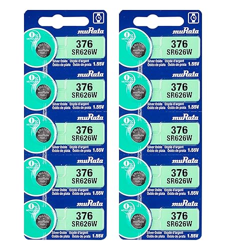 Murata 376 Battery SR626W 1.55V Silver Oxide Watch Button Cell (10 Batteries)