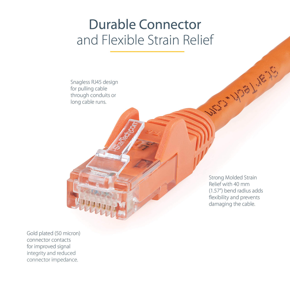 StarTech 100ft CAT6 Ethernet Cable - Orange CAT 6 Gigabit Ethernet Wire - 250Mhz 100W PoE RJ45 UTP Network Patch Cord Snagless with Strain