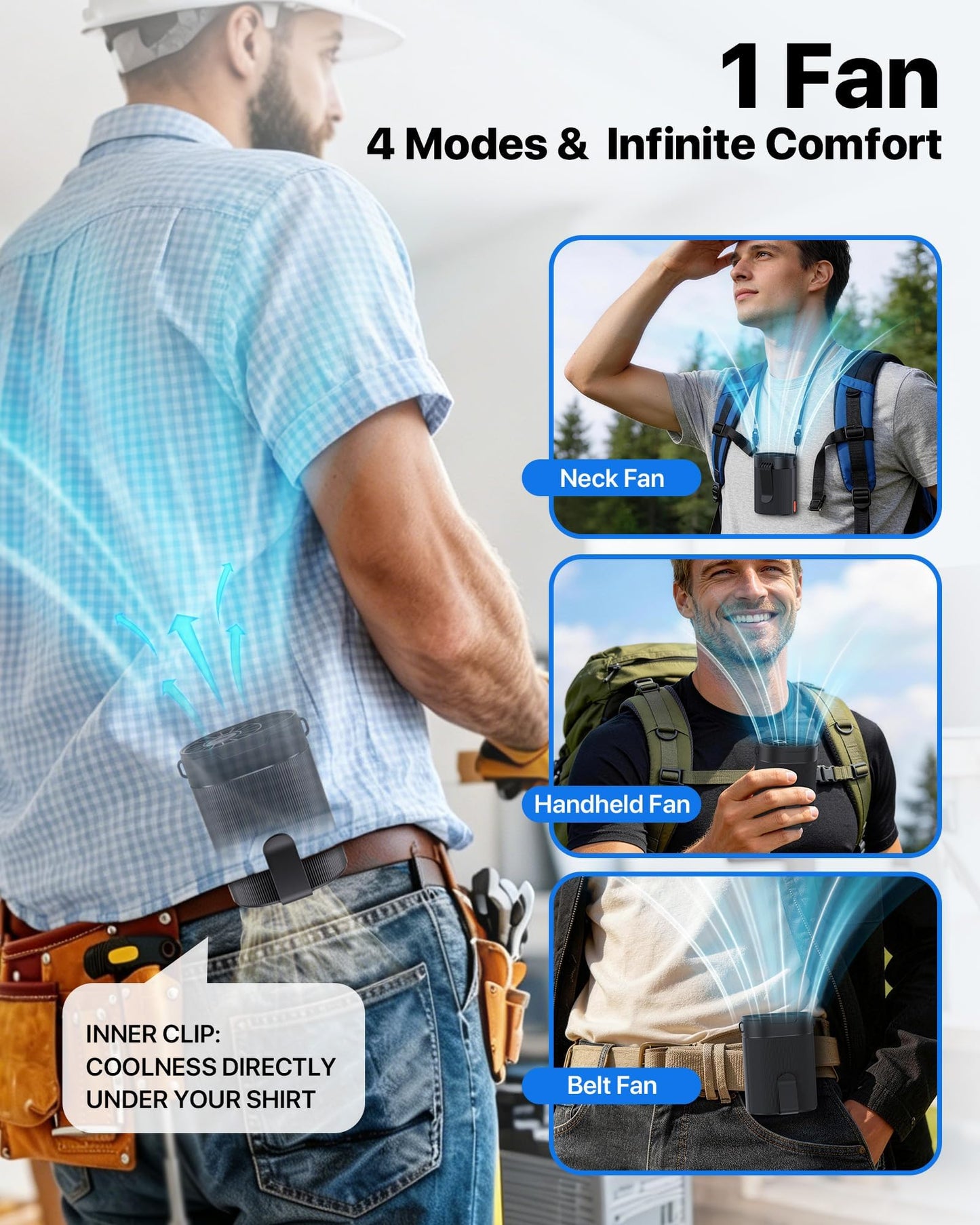 GENVU 2026 AI Portable Waist Fan, 4-Speed Clip on Personal Fan, Up to 25H Wearable Belt Fan, 4-in-1 Cooling Lightweight Hands-Free Neck Shirt Fan Gift