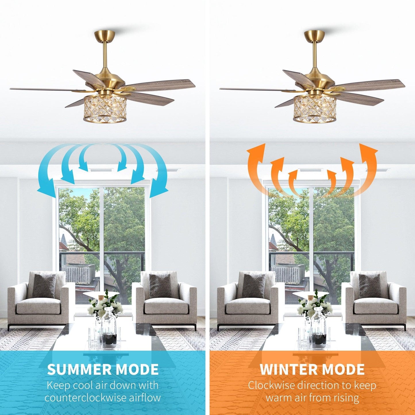 Vaczon 52'' Farmhouse Ceiling Fan with Light: Golden Caged Fandelier Style, Crystal Ceiling Fan with Remote, 6 Speeds, Reversible Motor, Noiseless