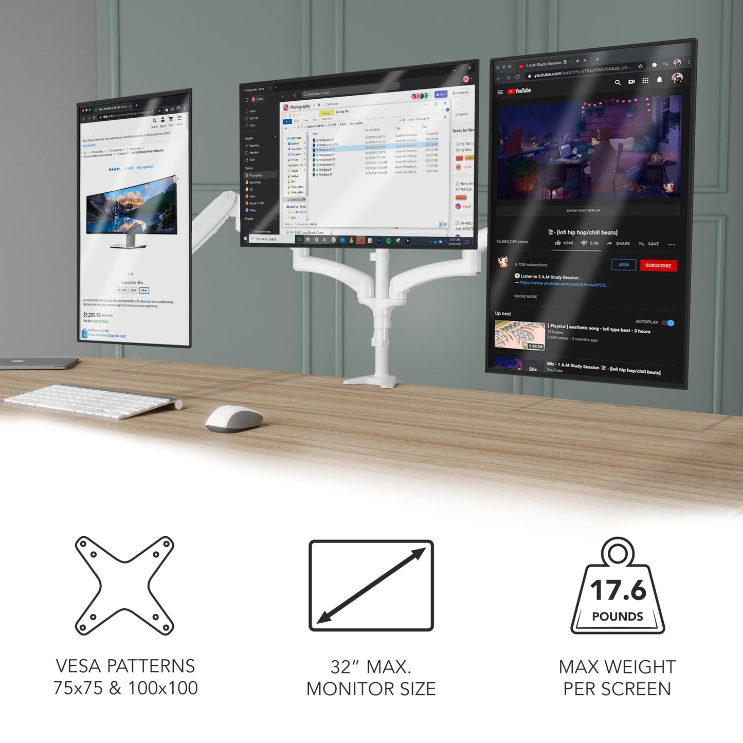 Mount-It! Triple Monitor Stand for Desk, 3 Arm Monitor Mount with Gas Spring Height Adjustment, Fits 13-32 Inch Screens up to 17.6 lbs per Arm, VESA