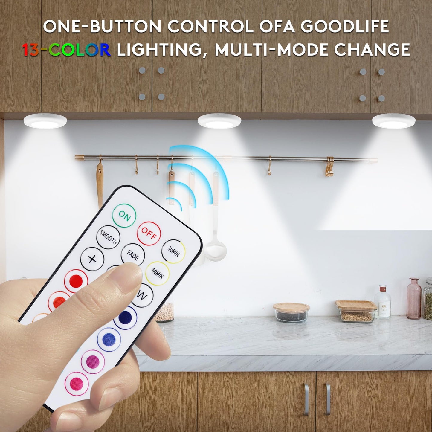 SIXDEFLY LED Puck Lights with Wireless Remote, 13 Colors RGB Dimmable Under Cabinet, Battery Powered Color Changing, Party Atmosphere for Kitchen