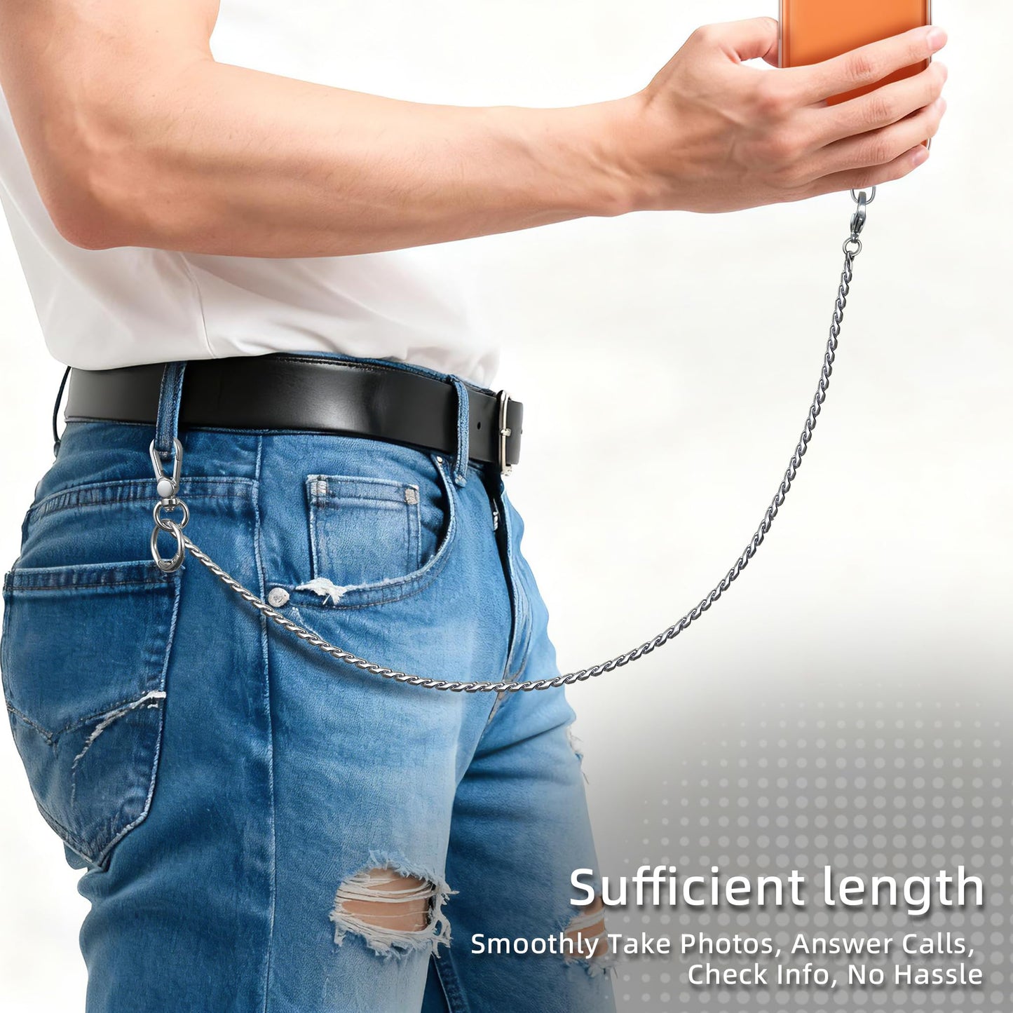 MOUTAKEY Anti Theft Phone Lanyard, 22.6" Unbreak Metal Phone Belt Strap with Metal Tether tab for All Phones, Detachable Non-rust Pants Chain