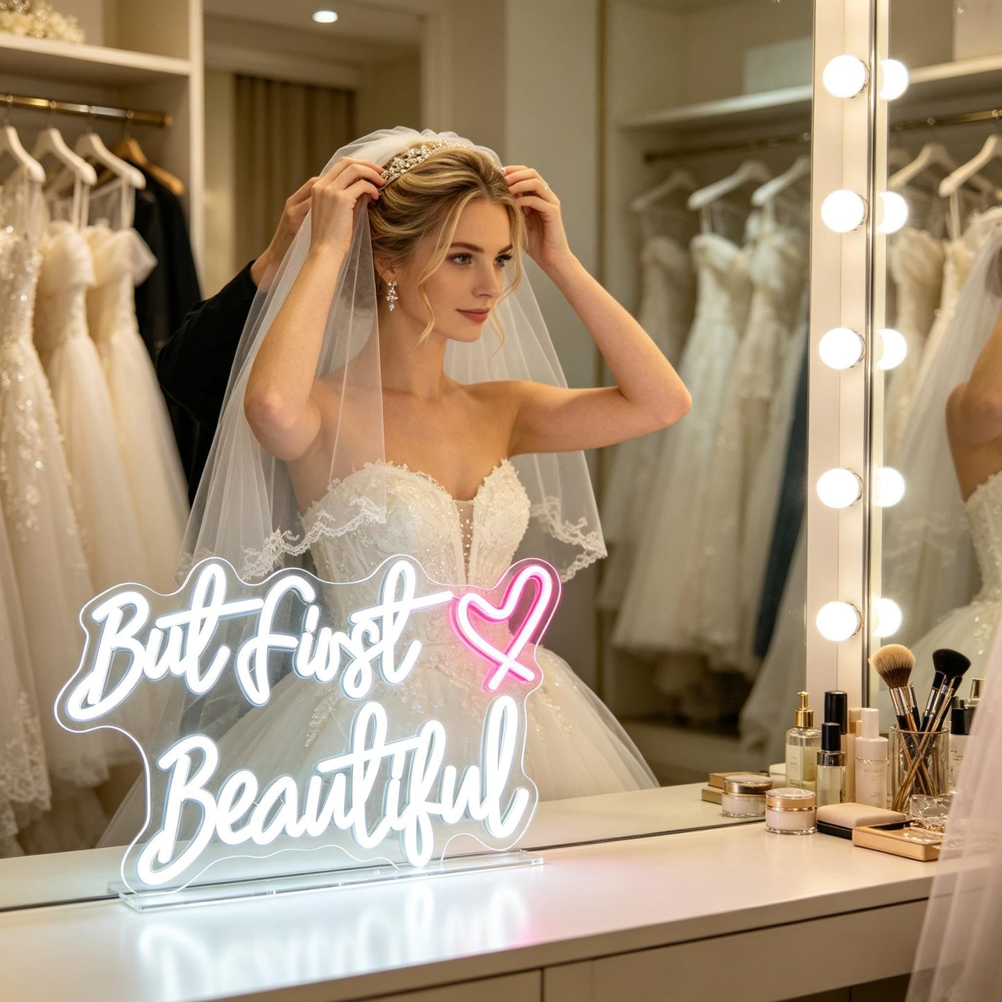 But First Beautiful Neon Sign, Beauty Theme Decor for Makeup Vanity Bedroom Dressing Room Women Gift Bachelorette Party Wall Table, USB Powered
