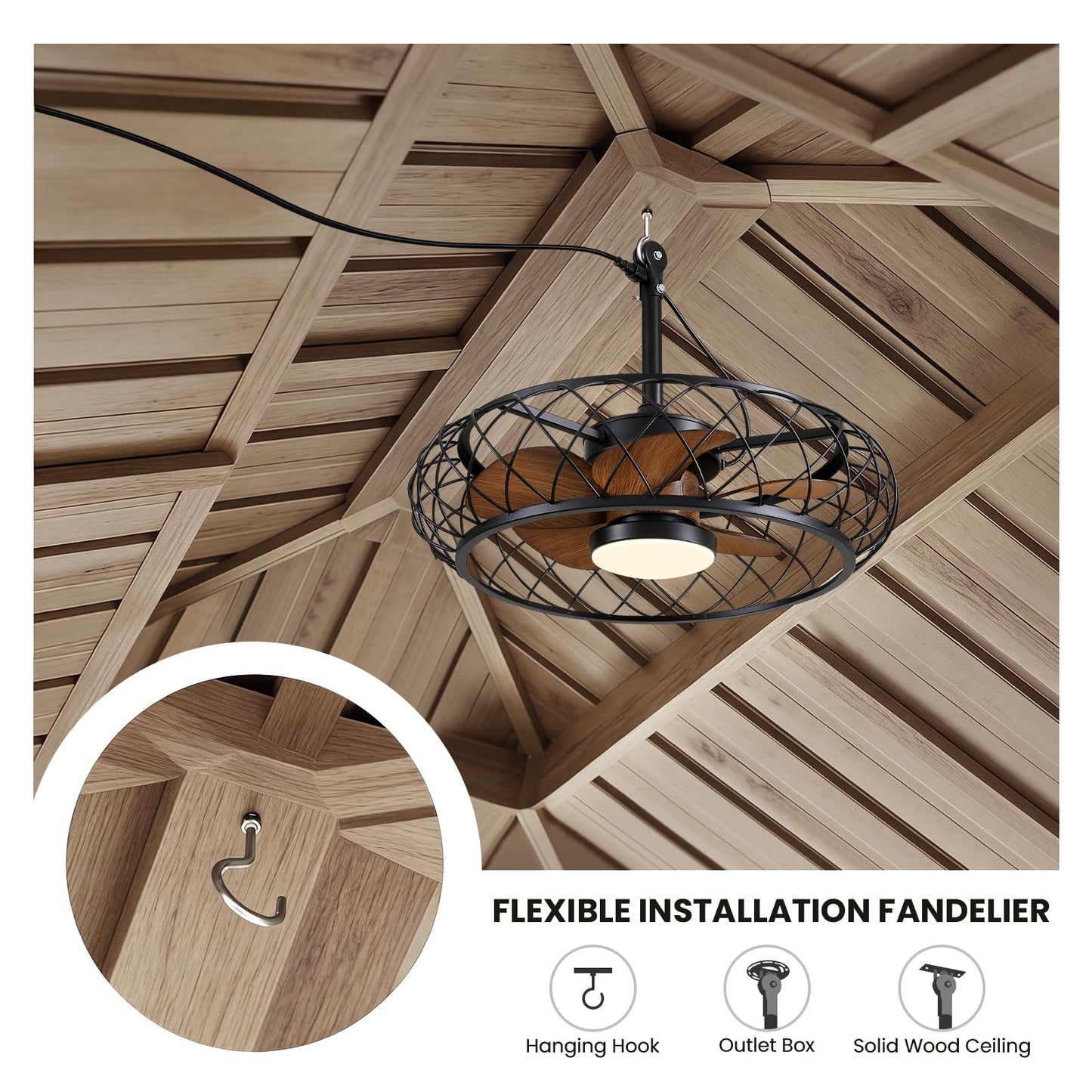 CROSSIO 24" Plug-in Outdoor Ceiling Fan with Light, Caged Walnut