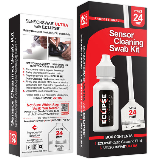 Sensor Cleaning Swab Kit - Eclipse Optic Cleaning Solution (0.5oz/15ml) + Type-3 Sensor Swab Ultra 24mm (Pack of 6) - for Full Frame CMOS and CCD