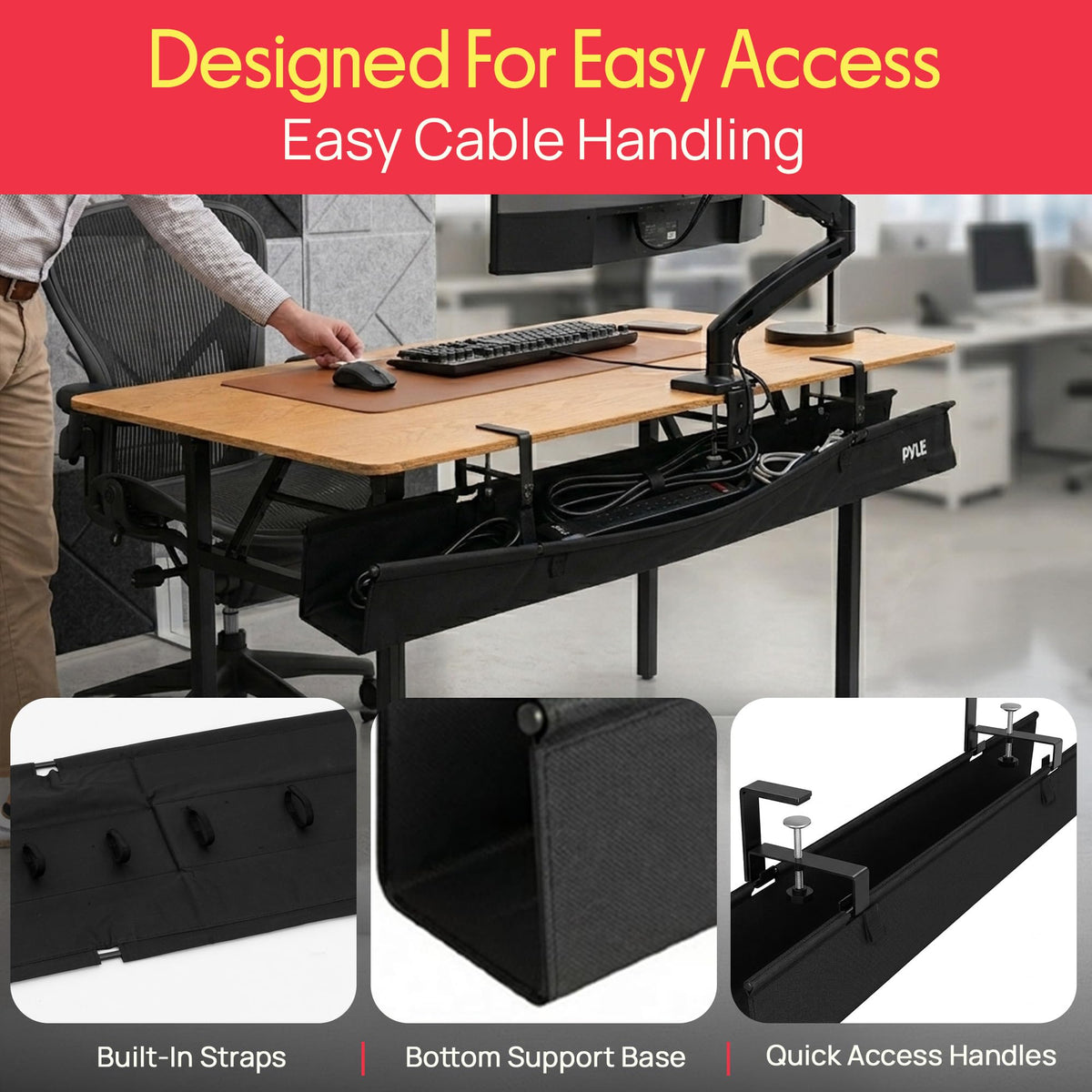 Pyle 48" Under Desk Cable Management Tray, Under Desk Wire Organizer with Clamp or Screw Mount, Desk Cable Organizer with Fabric Design for Large