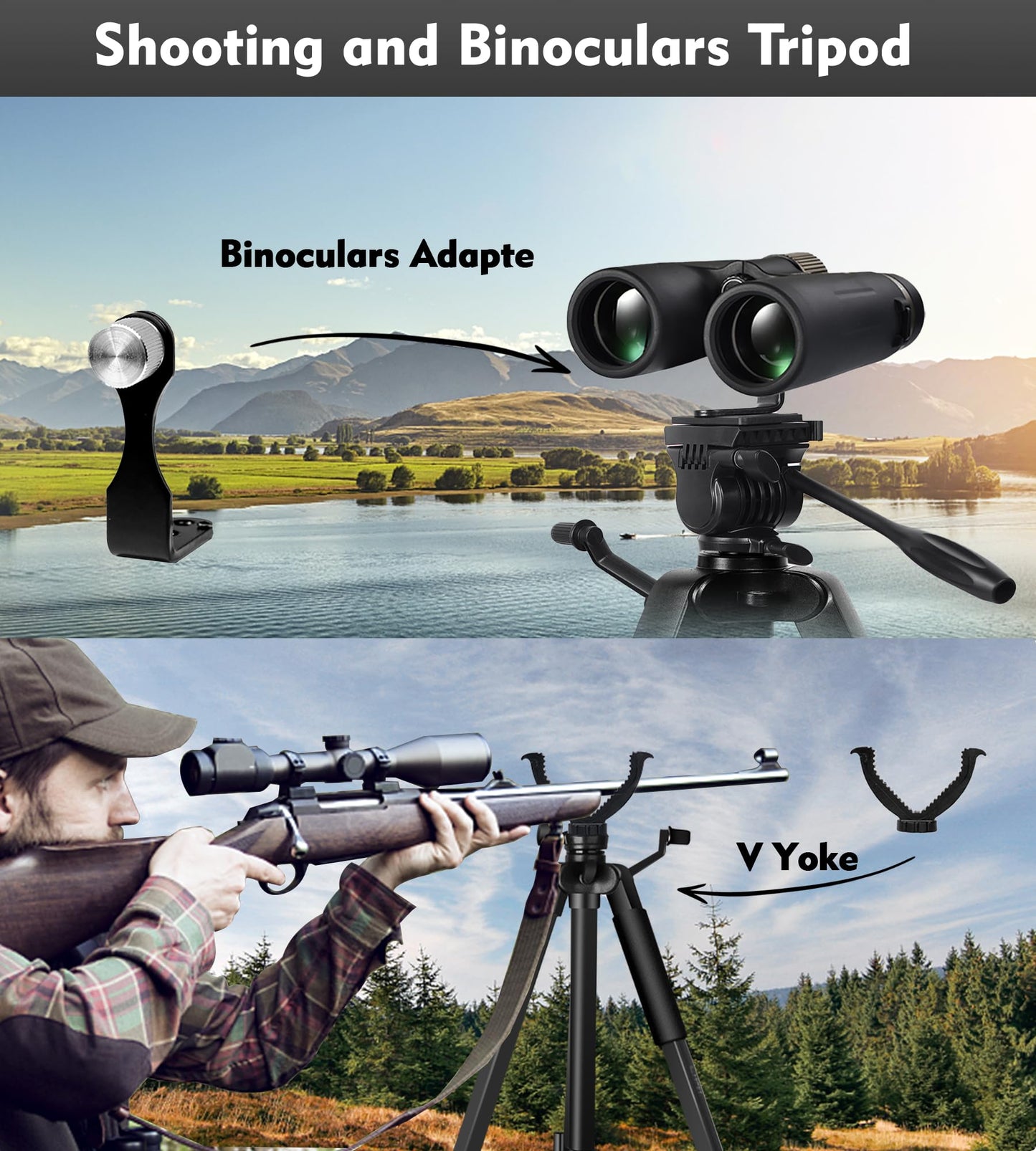 Spotting Scope Tripod, Shooting Tripod and Shooting Stand Rest Hunting V Yoke, with Binoculars Adapter and 2 QR, Compatible with Binoculars/Spotting