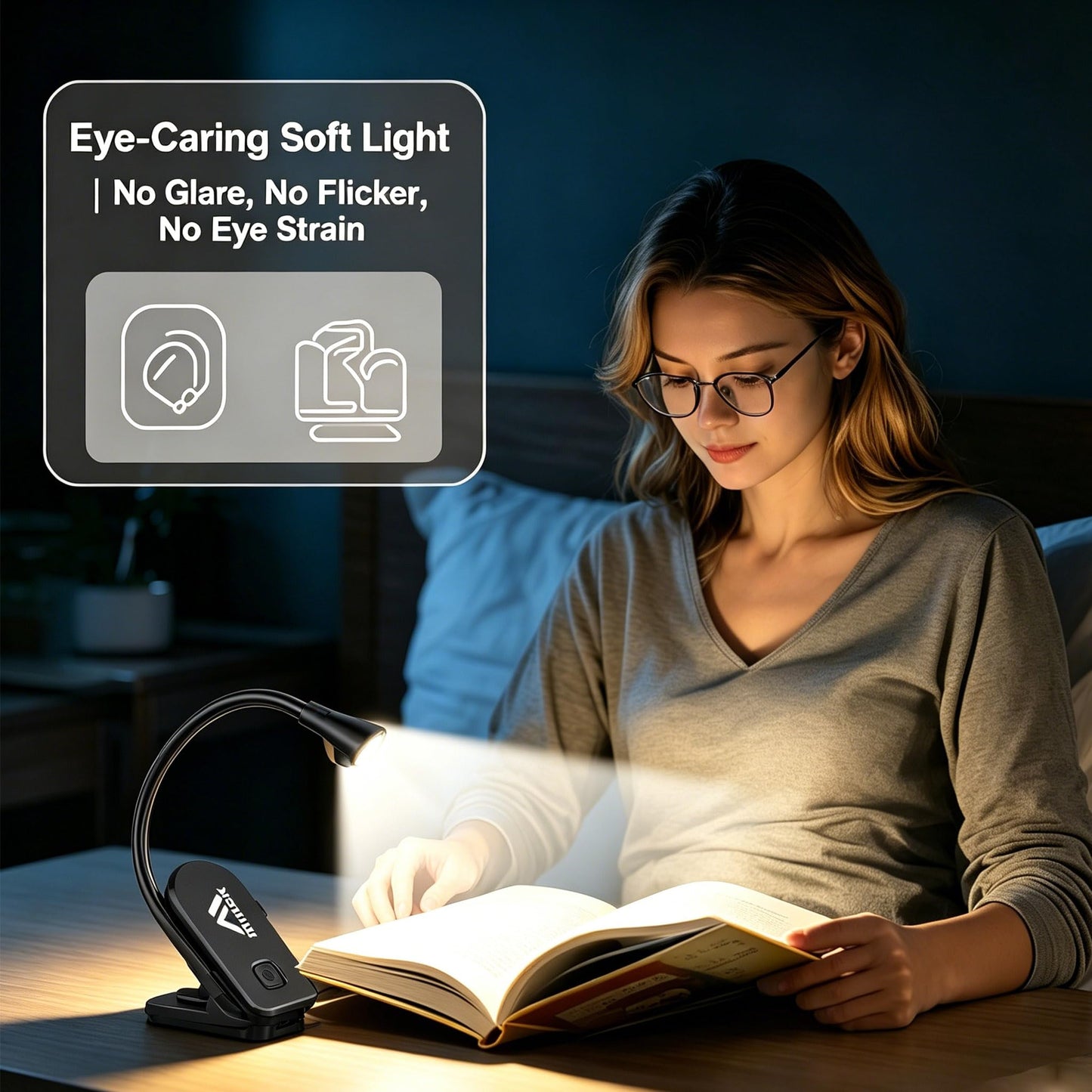 Minsk All-in-One Clip On Reading Light, 360° Flexible Neck, 3 Color Stepless Dimming Eye Care Lamp, USB Rechargeable, 80Hrs Runtime, Portable Light