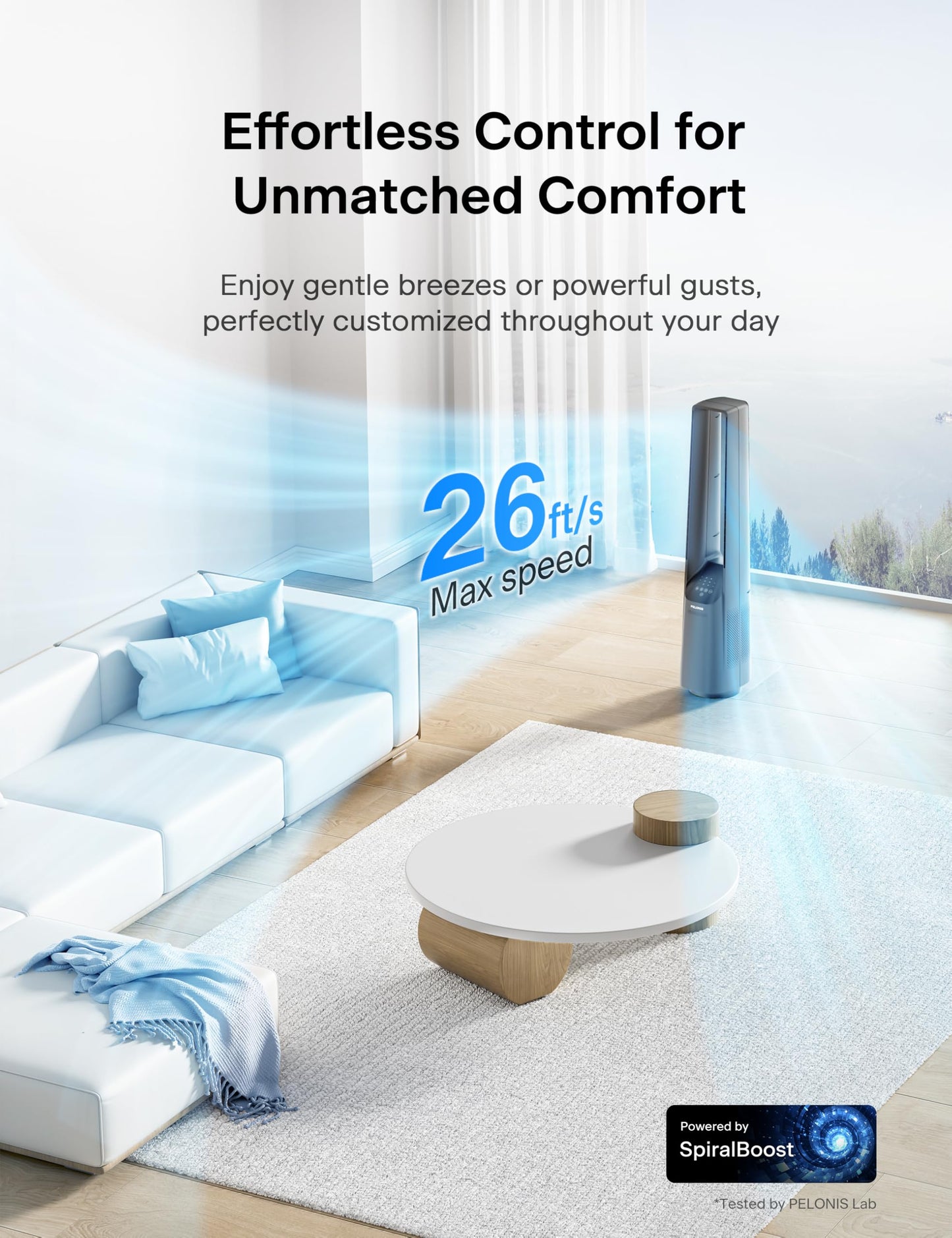 PELONIS 40" Bladeless Tower Fan with Powerful Airflow, Ultra-Quiet DC Motor (22 dB), 6 Speeds, 4 Modes, Remote Control, 7-Hour Timer, 90° Oscillation