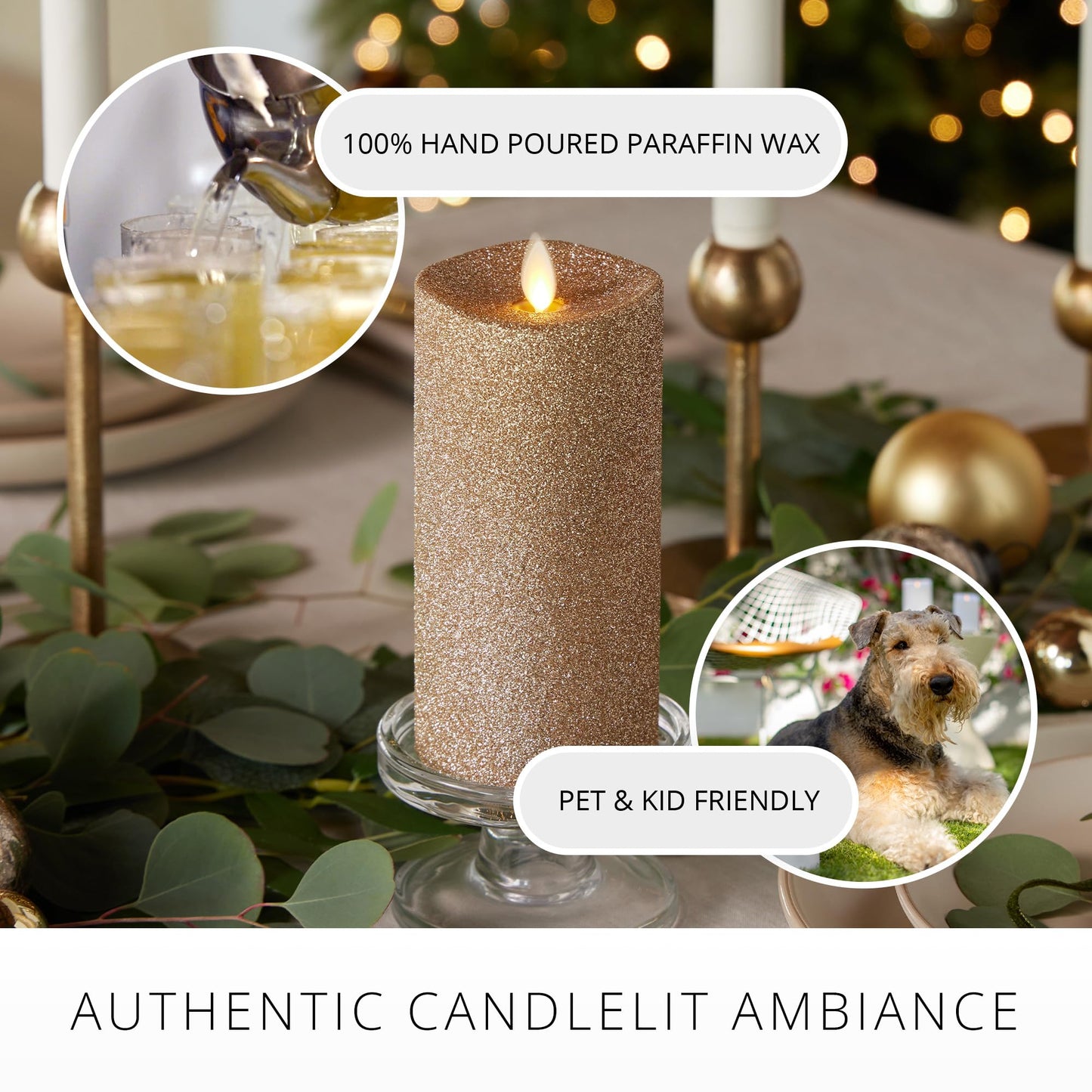 Luminara Realistic Artificial Flame Gold Glitter Pillar Candle - Moving Flame LED Battery Operated Lights - Unscented - Remote Ready - Remote Sold
