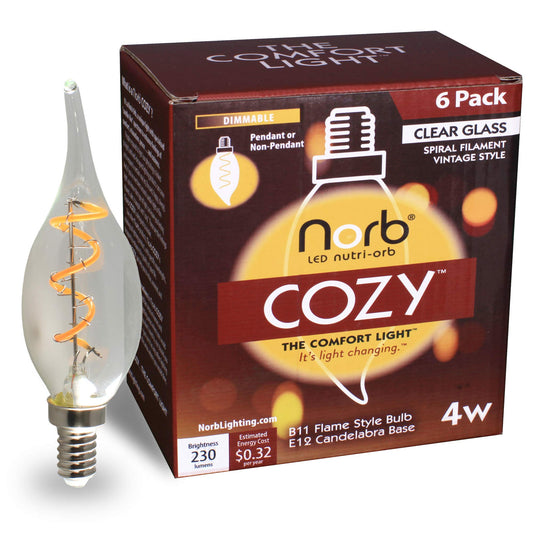 Norb NorbCOZY Vintage-Flame Candelabra B11 LED Bulb - Candlelight Spectrum for Relaxation & Comfort. 4W, Clear Glass, E12 Base, Warm Glow.