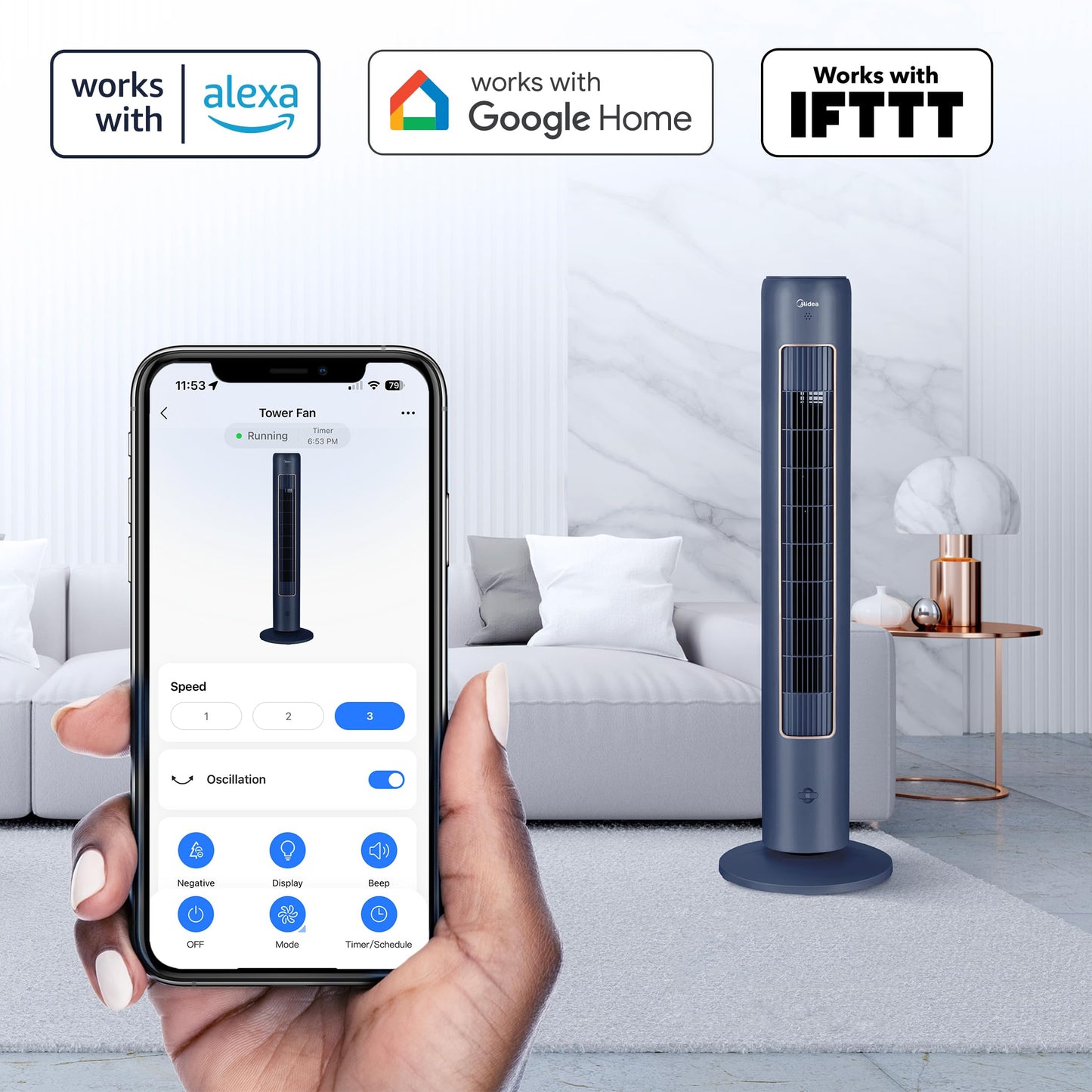 Midea Oscillation Tower Fan with IOT 42inch Timer Remote Control FZ10-21CR, Compact, Blue