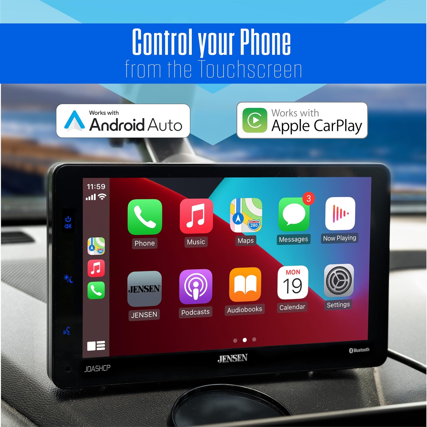 JENSEN JDASHCP 7-inch Portable Wireless Apple CarPlay Android Auto Car Stereo Screen | Dash & Windshield Mount Options | Bluetooth Hands Free Calling