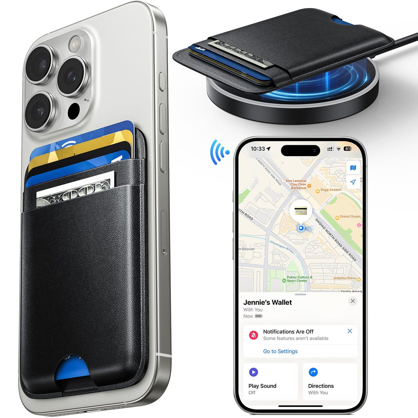 Wtuhu MagSafe Wallet with Full Find My Slim RFID-Blocking Vegan Leather Phone Wallet Portable Dual-Pocket 5 Cards Holder Strong Magnetic for iPhone