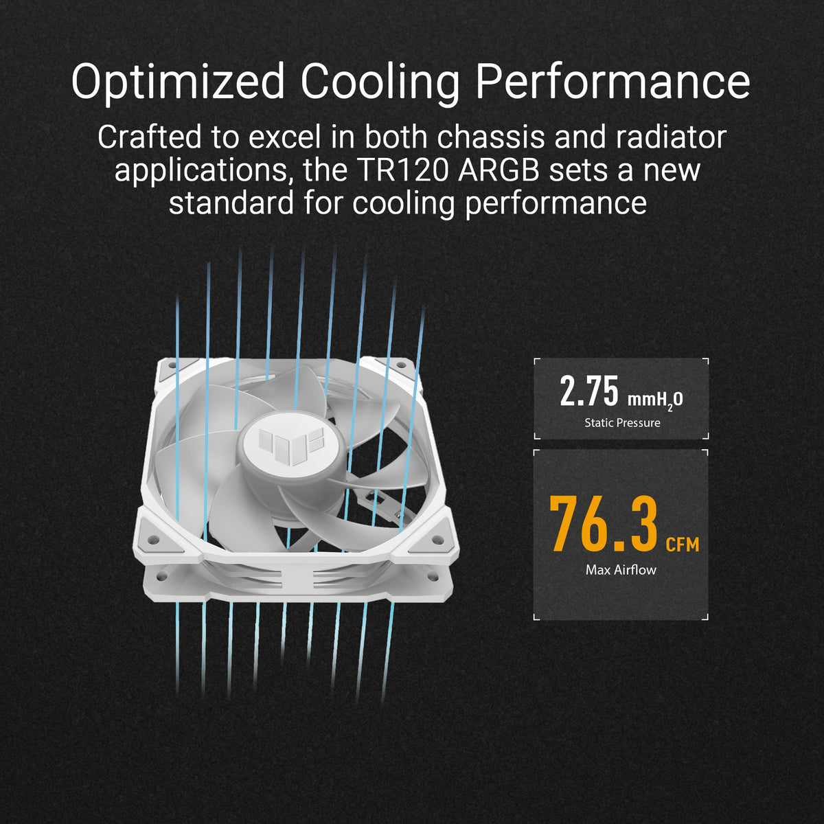 ASUS TUF Gaming TR120 120mm ARGB White Reverse Fan Blade Triple Pack 28mm Fan Frame, 2.75mm H2O Static Pressure, 76.3 CFM Airflow, Double-Layer LED