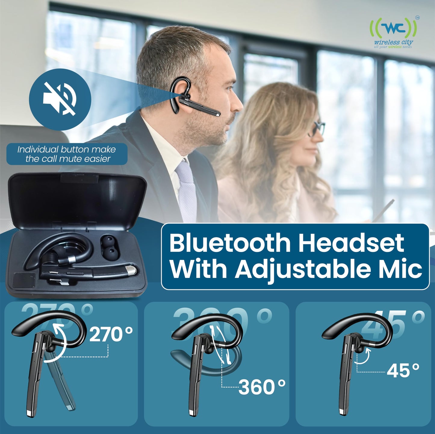 Wireless Bluetooth Headset with Mic, Noise-Cancelling Earpiece with 500mAh Charging Case - Up to 72H Talk Time - Clear HD Sound for Truck Drivers