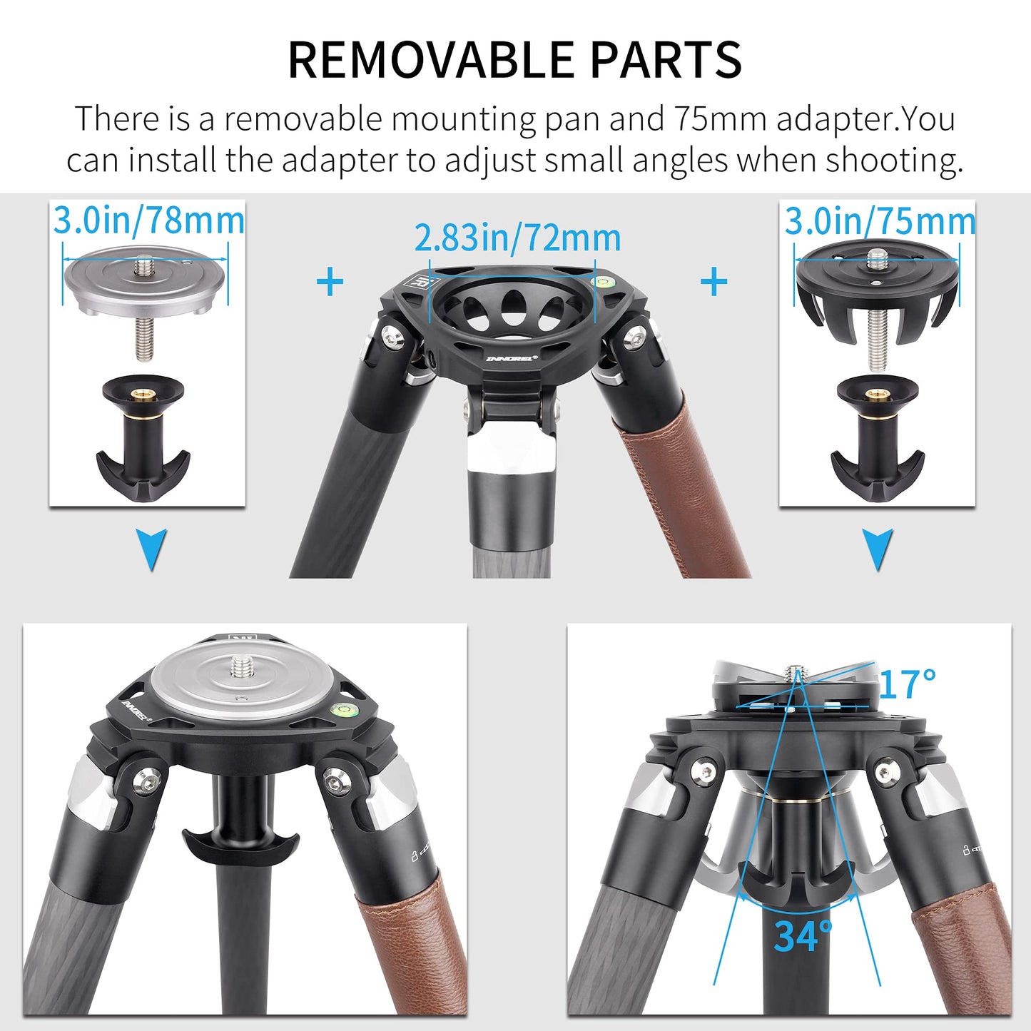 Carbon Fiber Tripod-INNOREL ST344C Professional Heavy Duty Camera Stand with 75mm Bowl Adapter Tube Leg 34.4mm, Max Load 77.2 lbs/35kg,Max Height 63