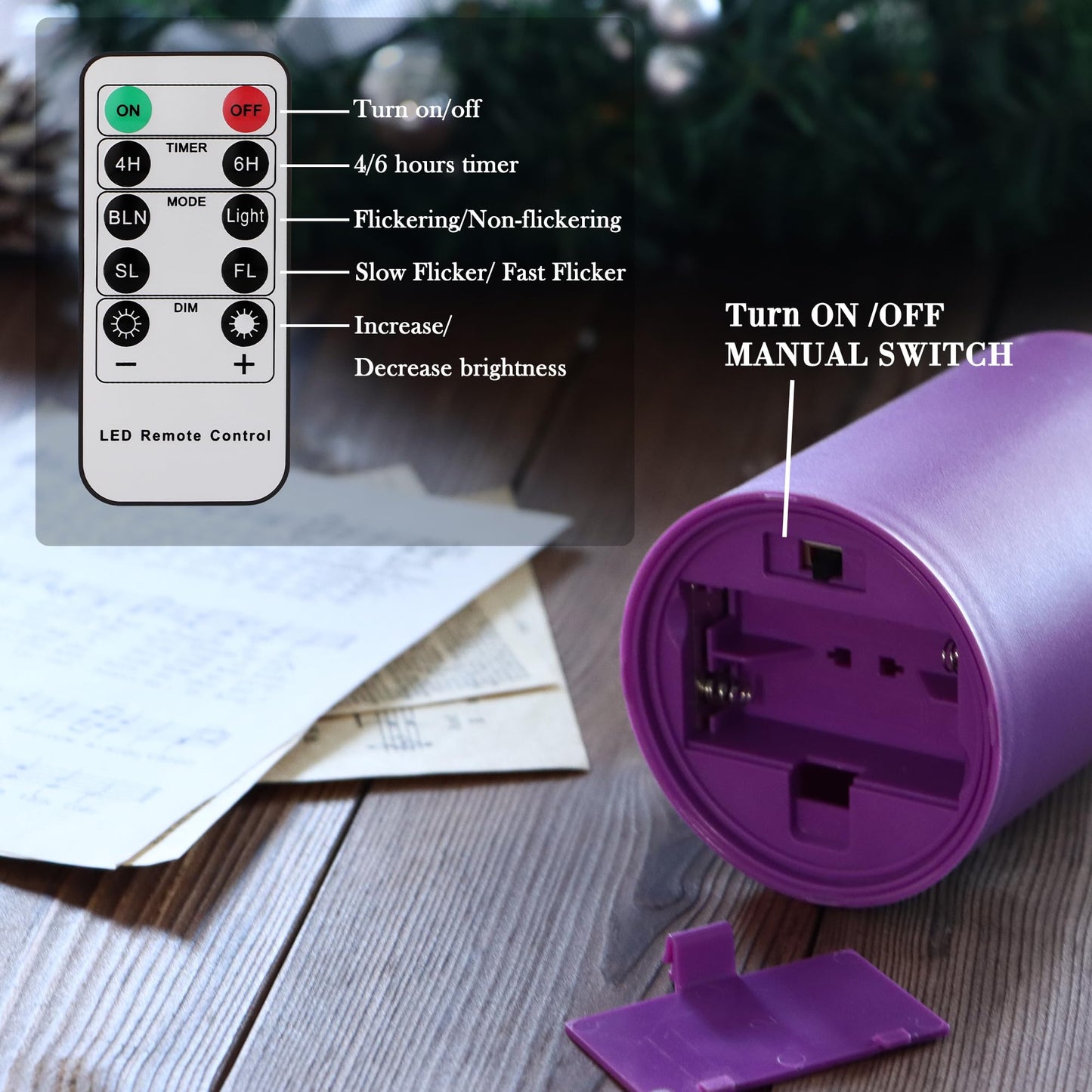 Yunsheng Flameless Advent Candles Purple and Pink, 5 Inch Battery Operated LED Pillar Candles With Remote Timer, 350+ Hours Long Lasting for Christmas