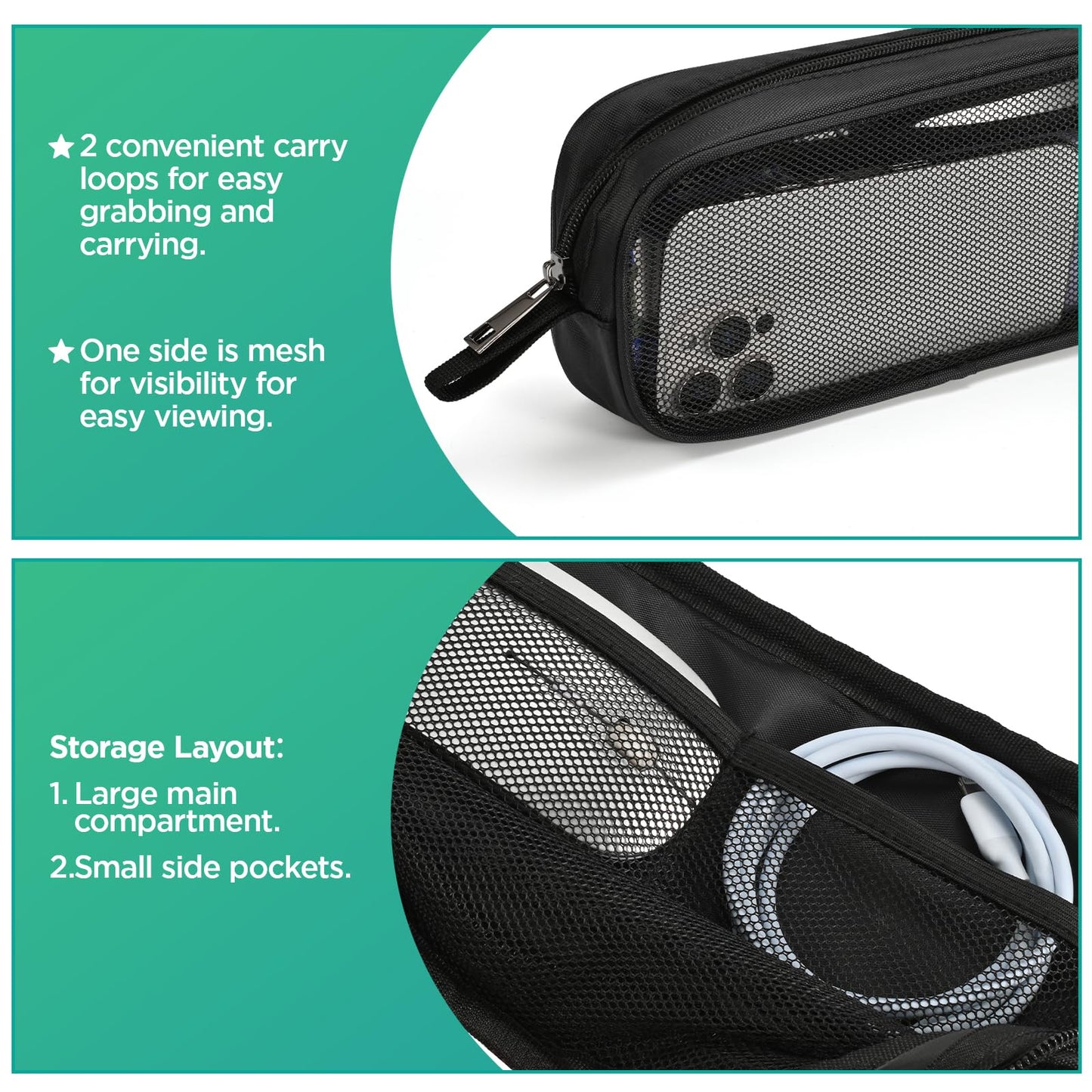 Lidwot Breathable Mesh Nylon Travel Organizer - Portable Cable pouch & Tool Case for Laptop Charger, Mouse, Power Bank, USB Cords, Adapters, Small