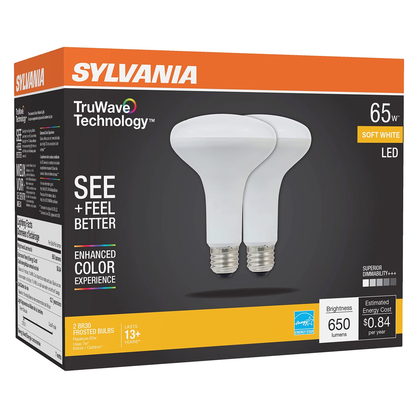 Sylvania LED TruWave Natural Series BR30 Light Bulb, 65W Equivalent Efficient 7W, Medium Base, Dimmable, 650 Lumens, Frosted, 2700K, Soft White - 2