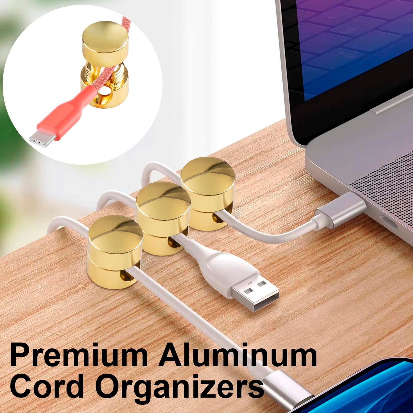 Pndeyo 2pcs Self-Adhesive Cable Anchors for Desk, Aluminum Phone Cord Holder Clips, Adjustable Round Cable Organizers for Desk Nightstand Walls- Gold