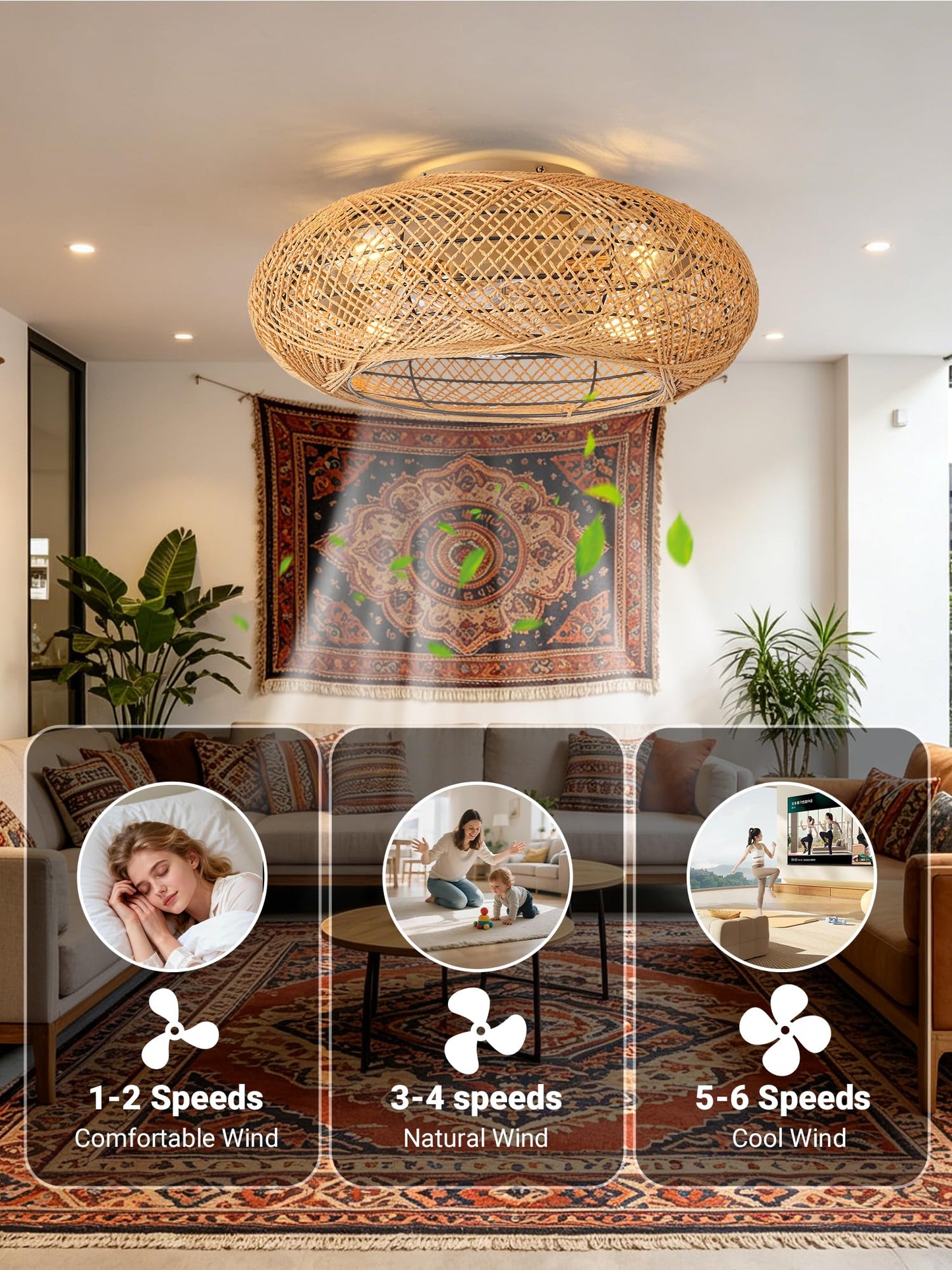 jorbeca 20" Boho Caged Fandelier Ceiling Fans with Lights Low Profile Brown