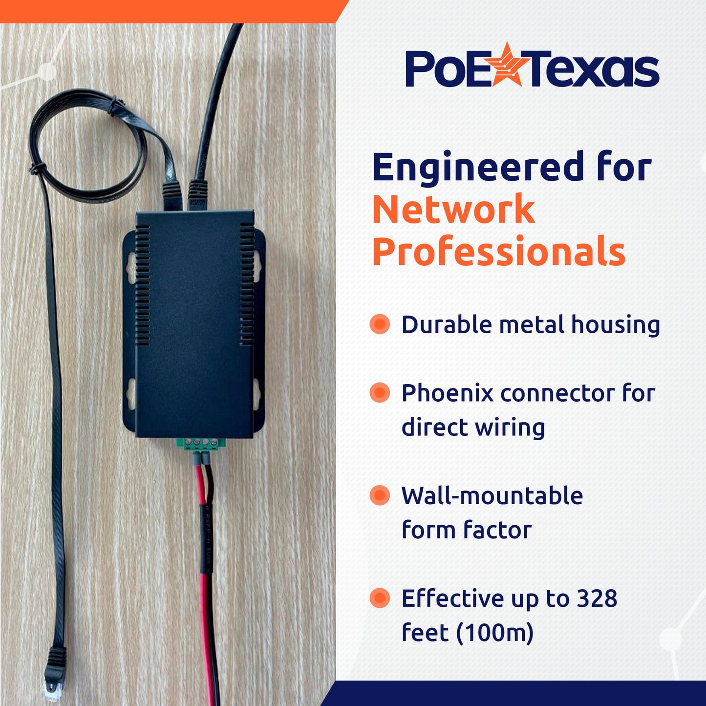 PoE Texas 802.3bt PoE++ to 12V Splitter with 60W Output - Works with Cisco UPOE & 802.3bt Switches - Gigabit Data Splitter with Phoenix Connector
