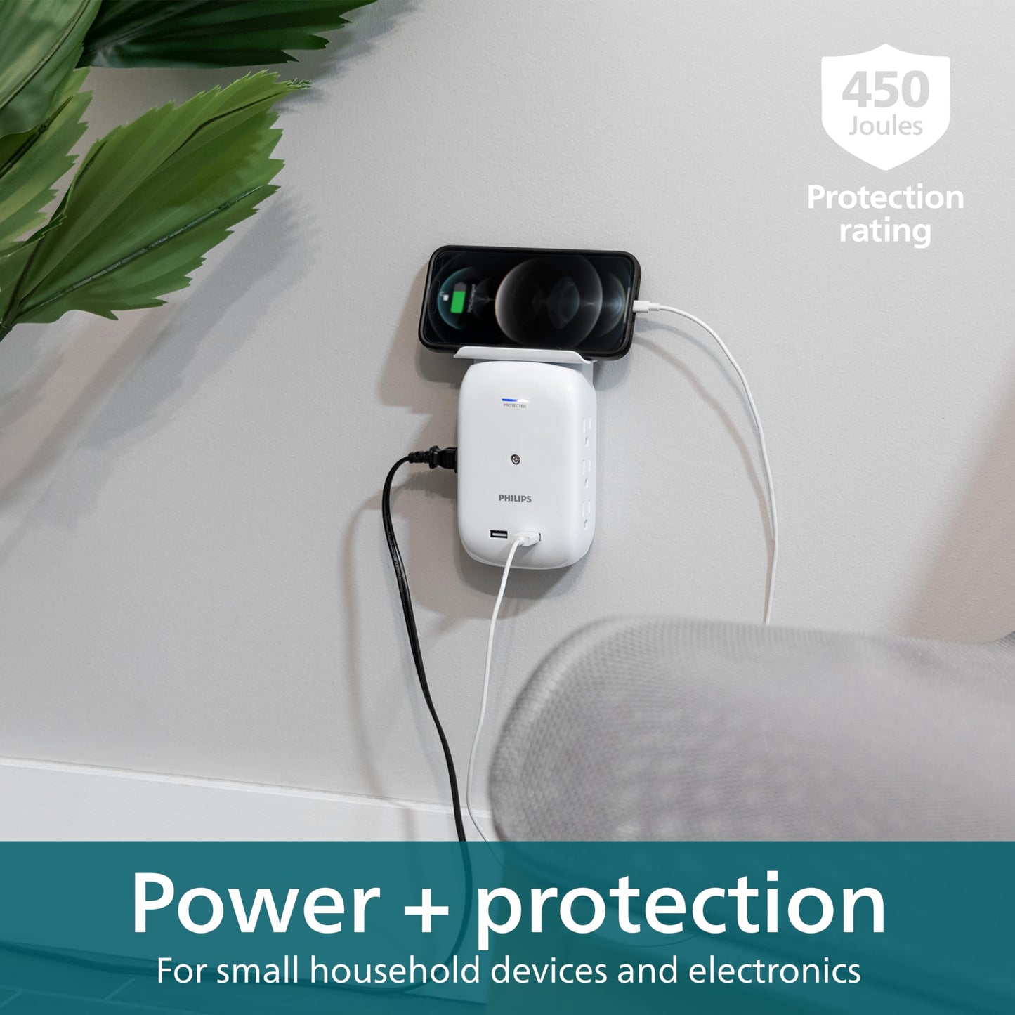 Philips 6-Outlet Tap with Device Shelf, 450J, Space Saving Design with Indicator Light, for Smartphone Charging Station, Multi-Use, 2 USB Ports