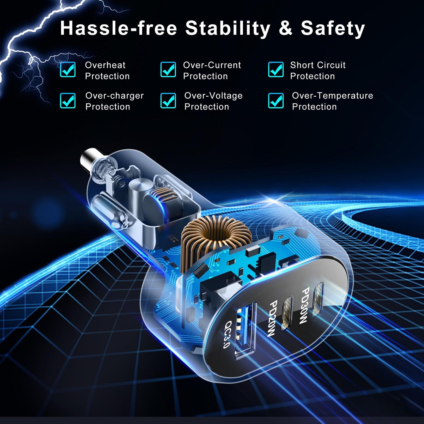 TRON PD 50W Car Charger, 3-Port USB-A + USB-C + USB-C with LED Light Car Power Adapter PD/QC Fast Charging Cigarette Lighter for iPhone, iPad