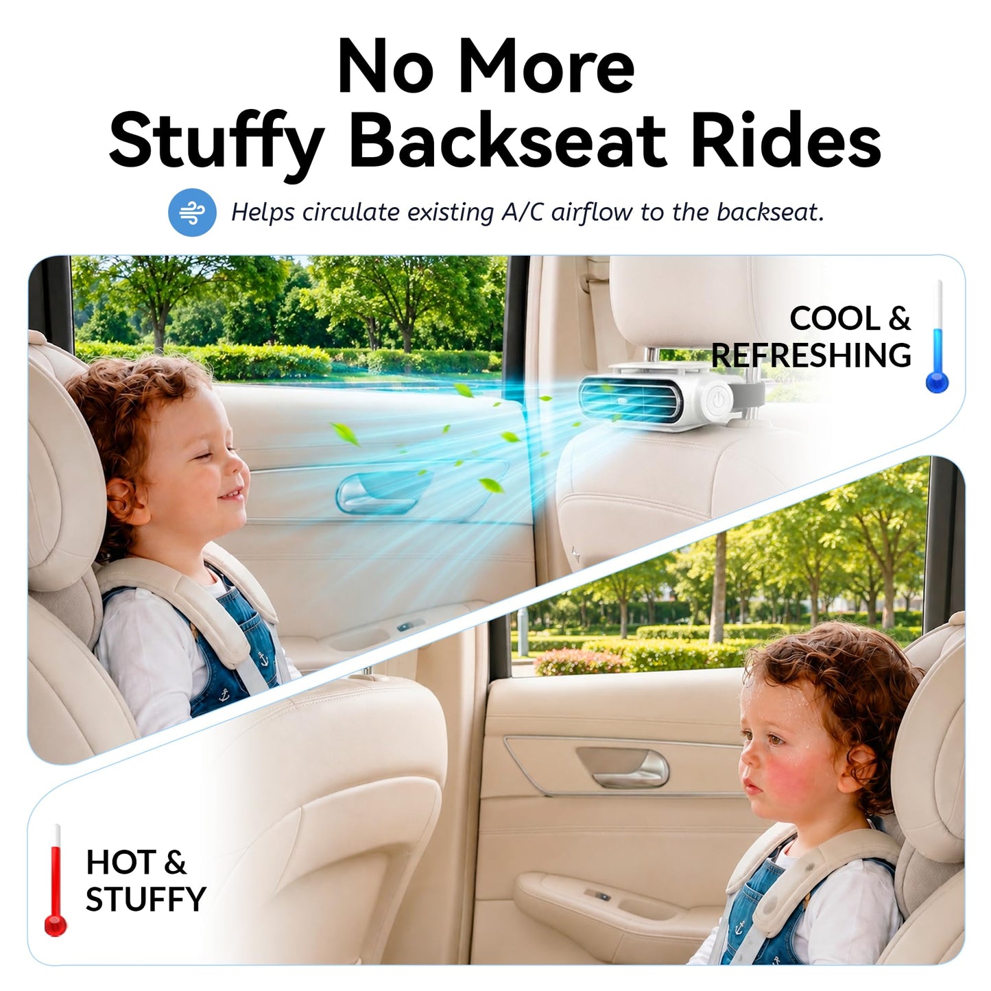 Car Fans for Backseat for Kids & Pets, Rechargeable Car Seat Fan, White