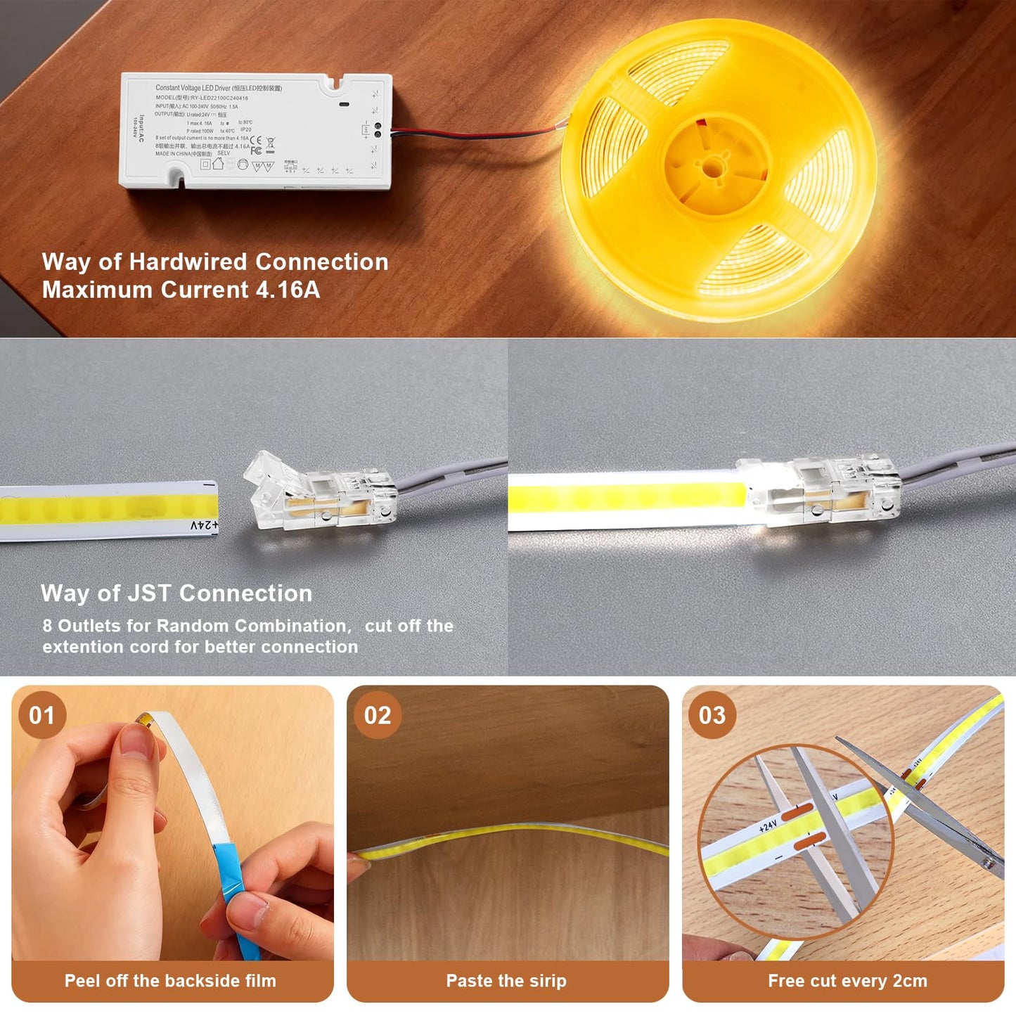 CUBITOR Under Cabinet Led Light Strip kit,2 Roll x 16.4ft Cuttable 6500K COB,Diffused Power with 8 JST & 2 Hardwired Outlets,Touch Sensor for Gun Safe