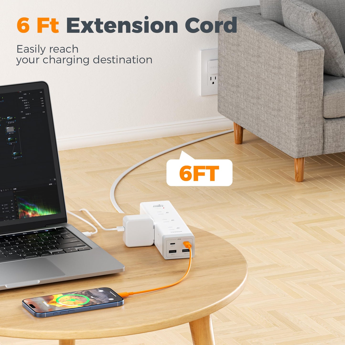 TESSAN Surge Protector Power Strip PD 20W, Ultra Thin Flat Plug 6 FT Extension Cord, 9 Outlets 4 USB(2 USB C), 1050J Protection Multiple Outlets