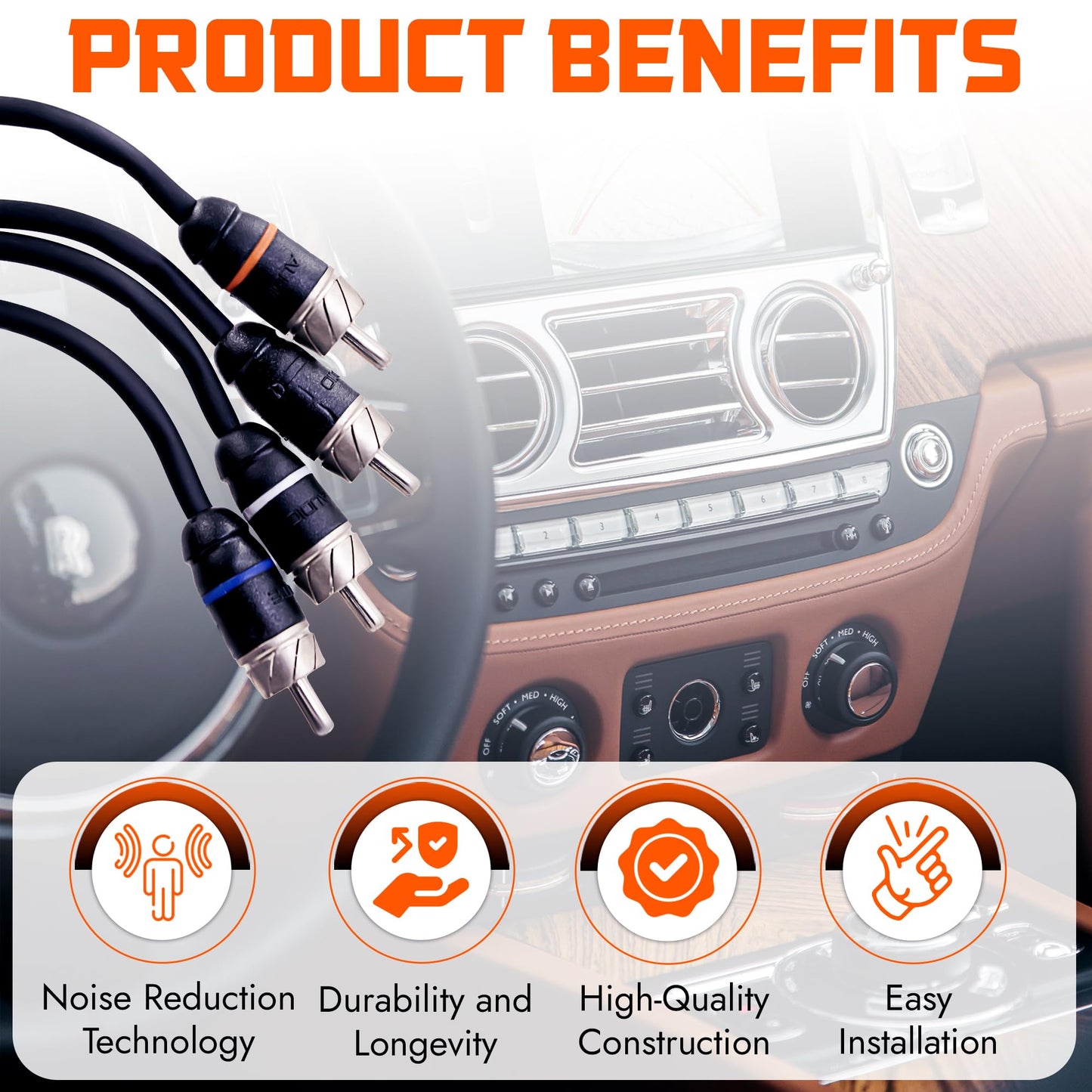 Elite Audio Premium Series 17ft. 4-Channel Car Audio RCA Cable - Double Shielded, Oxygen Free Copper, Noise Reducing Audio Cable for Amplifiers